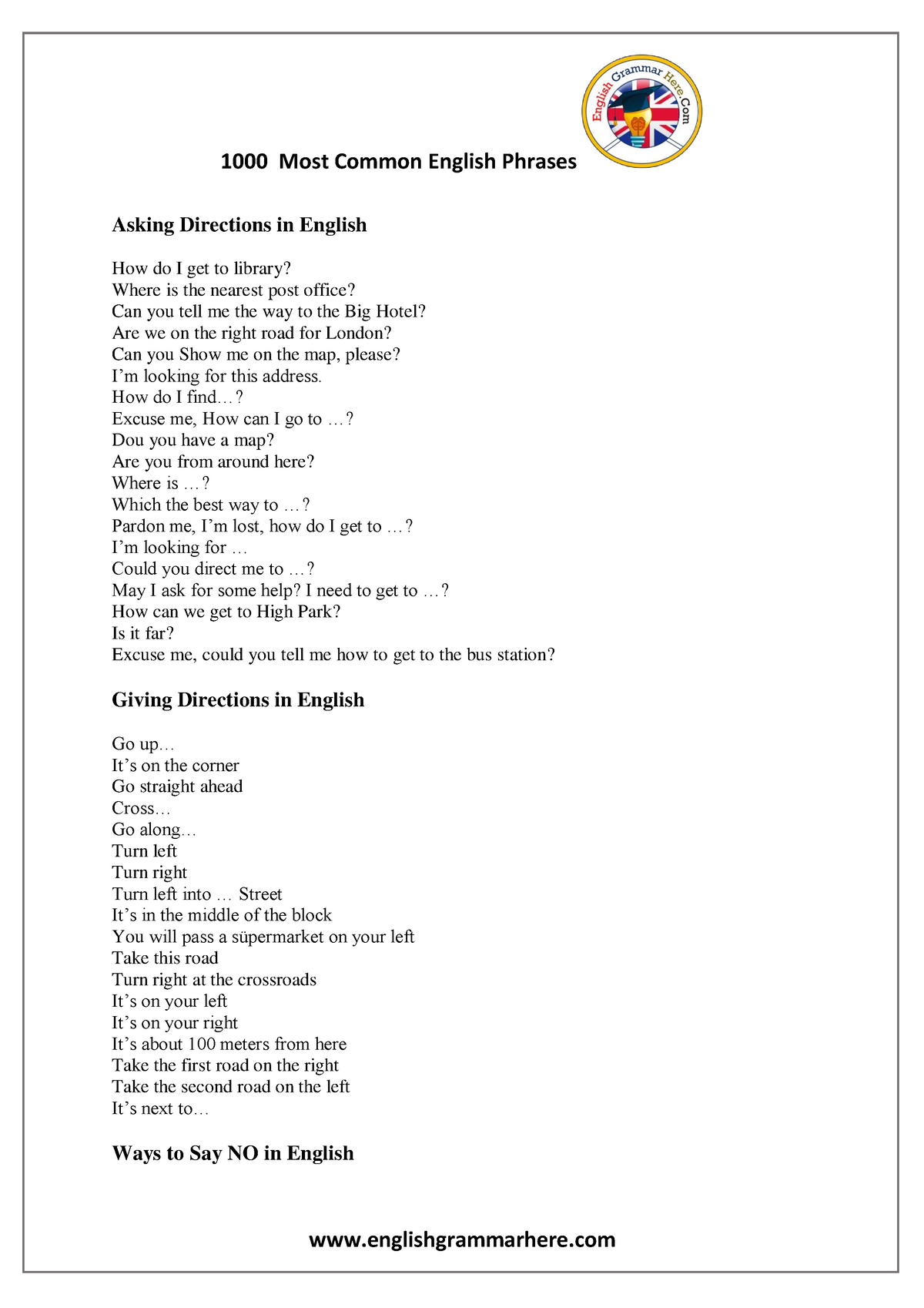 1000 Most Common English Phrases Pdf Asking Directions In English How 