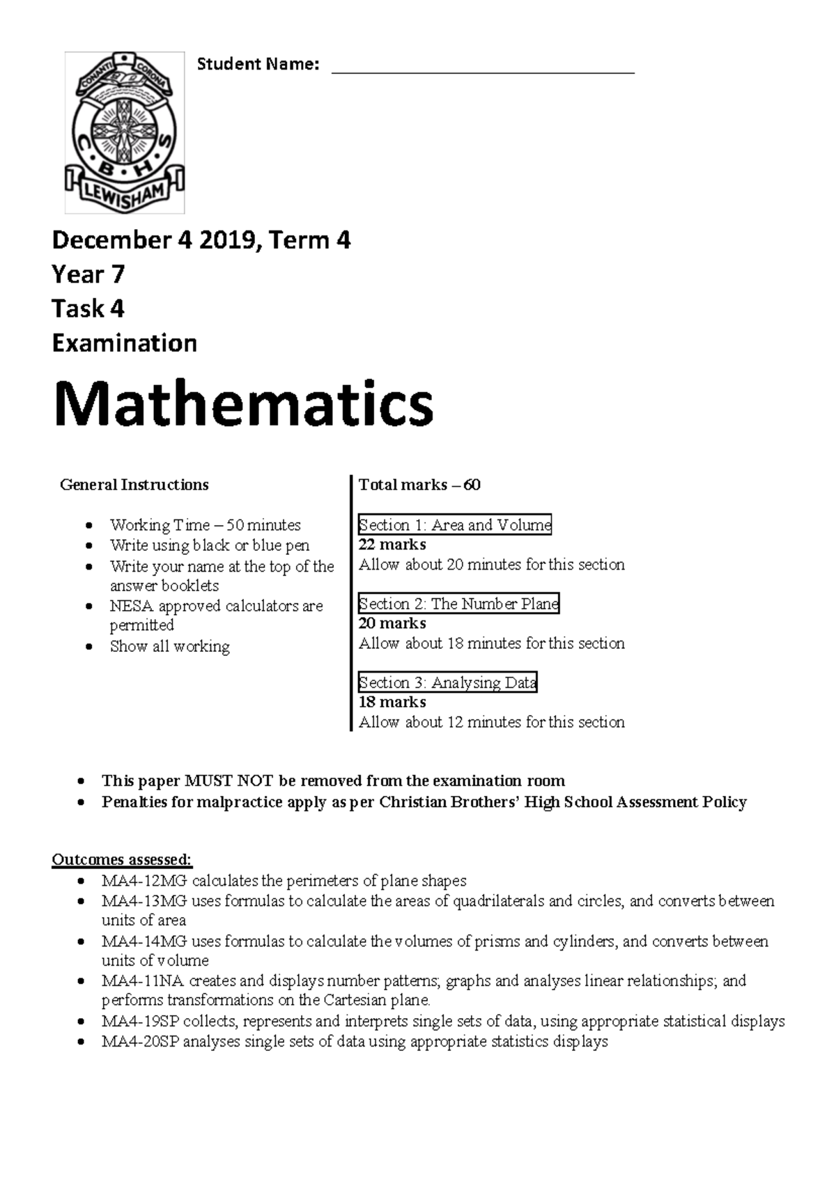 2019 Year 7 Task 4 - math paper - Student Name ...