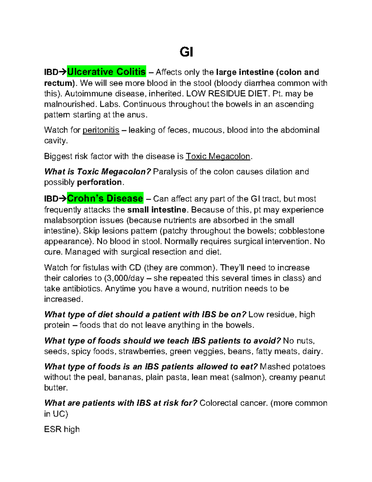 GI notes green - GI IBDàUlcerative Colitis – Affects only the large ...