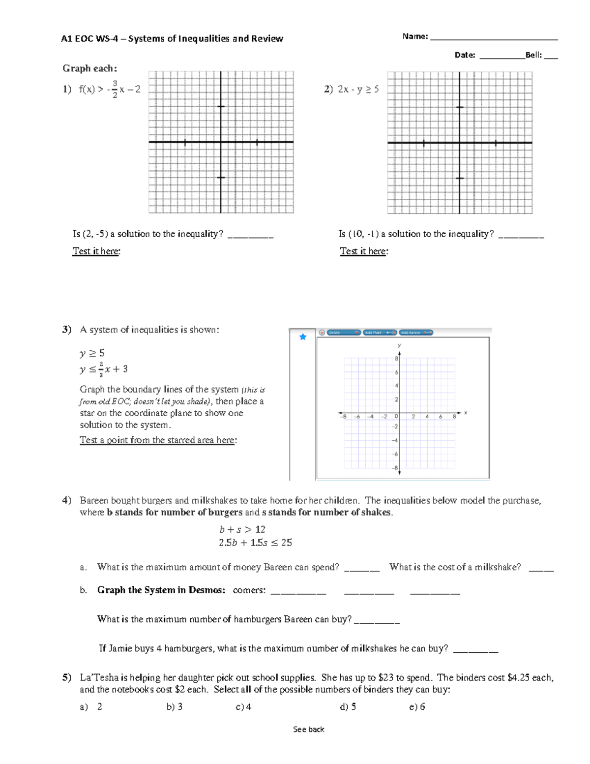 Systems of Inequalities and Review 041624 - Graph each: 1 ) f(x) > - 3 ...