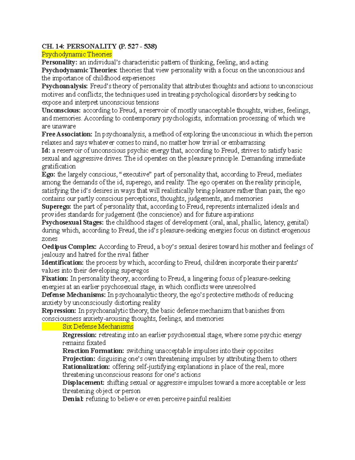 CH. 12 - CH. 14 PSYC 1300 Textbook Notes - CH. 14: PERSONALITY (P. 527 ...