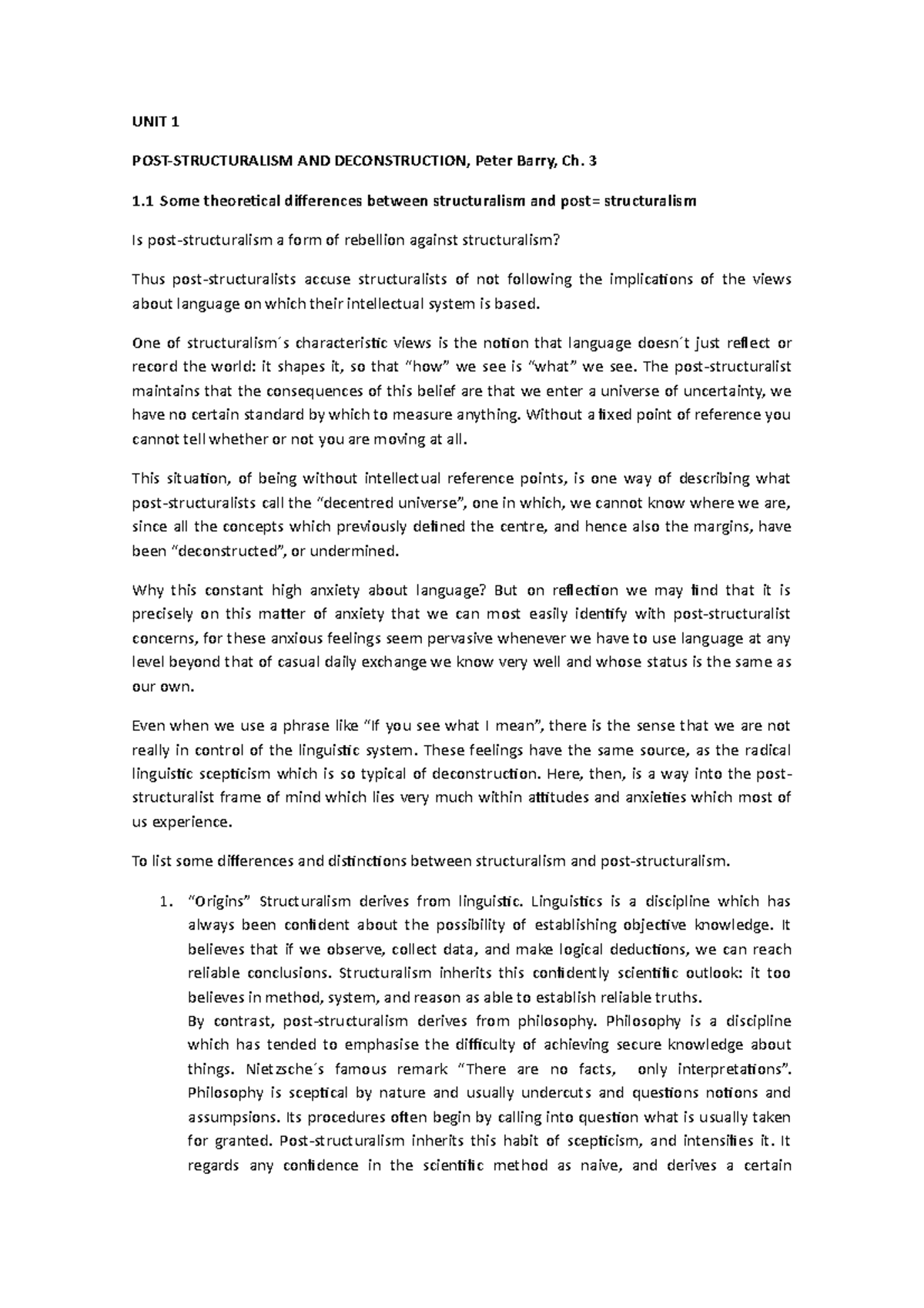 UNIT 1. Post structuralism and deconstruction UNIT 1 POST