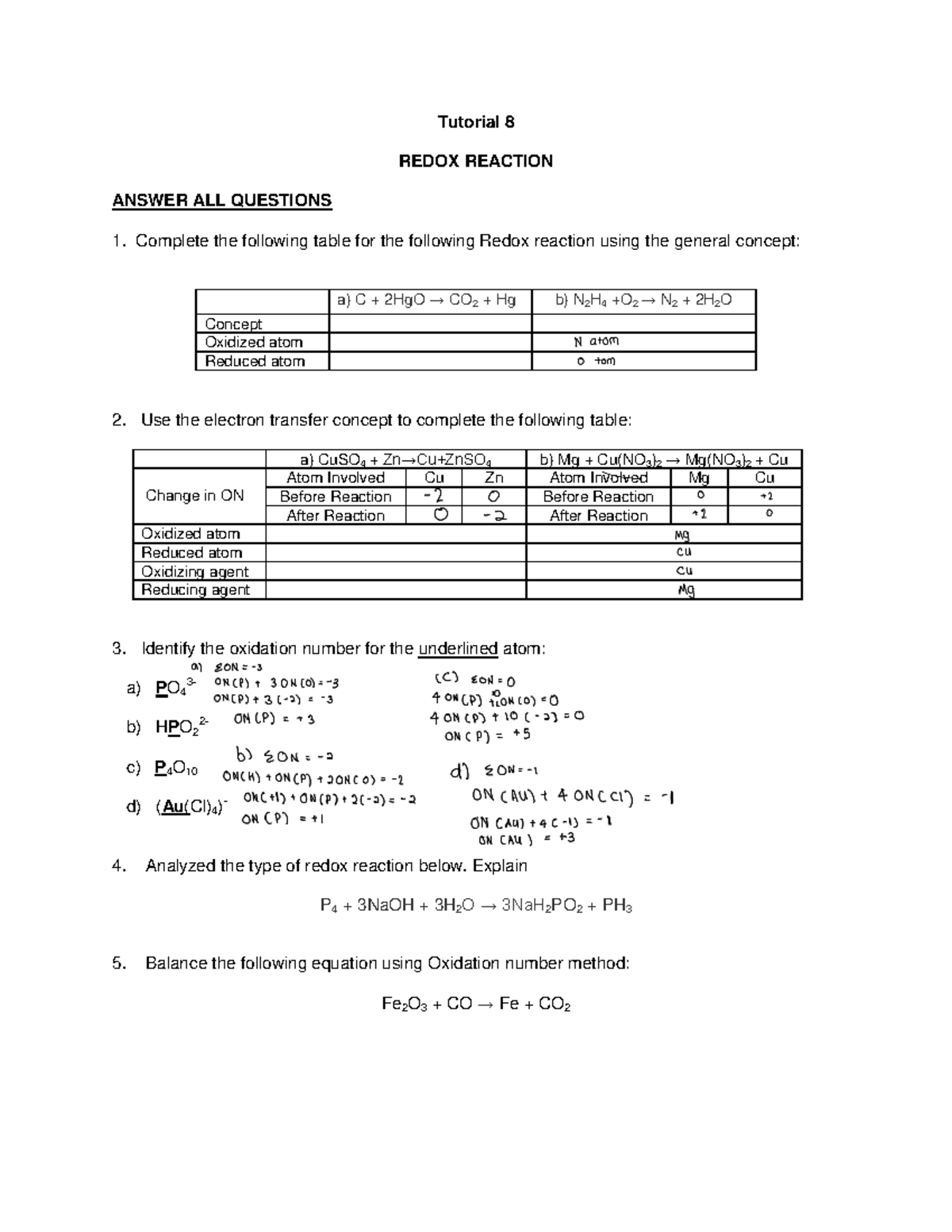 Tutorial 8 Chm420 Uitm - Tutorial 8 REDOX REACTION ANSWER ALL QUESTIONS ...