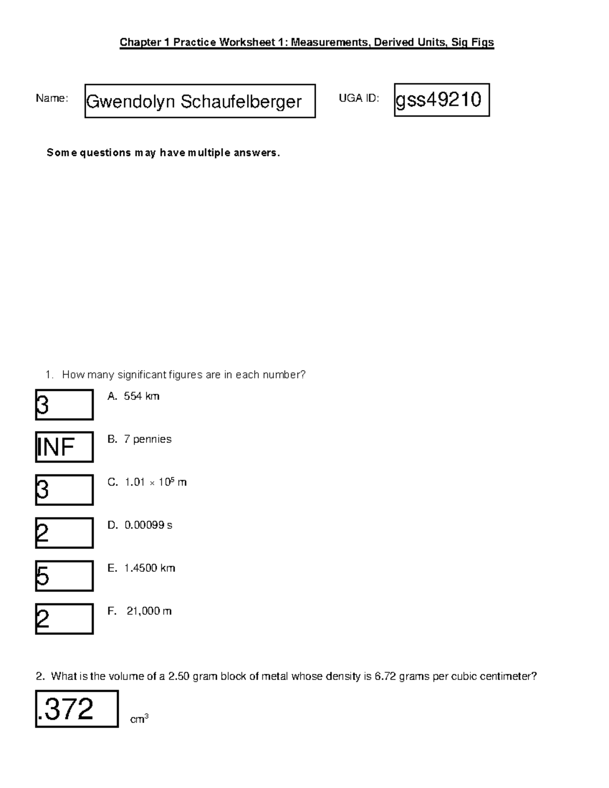 Chapter 1 Practice Worksheet 1 (Measurements, Sig Figs) Chapter 1