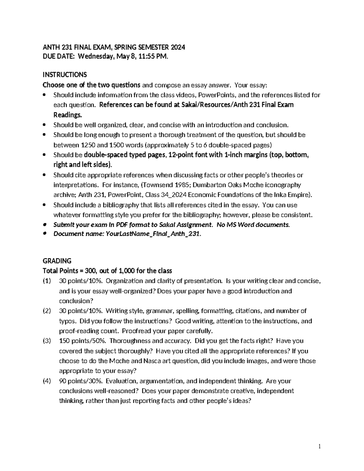 ANTH 231 Final Exam Spring 2024 ANTH 231 FINAL EXAM, SPRING SEMESTER