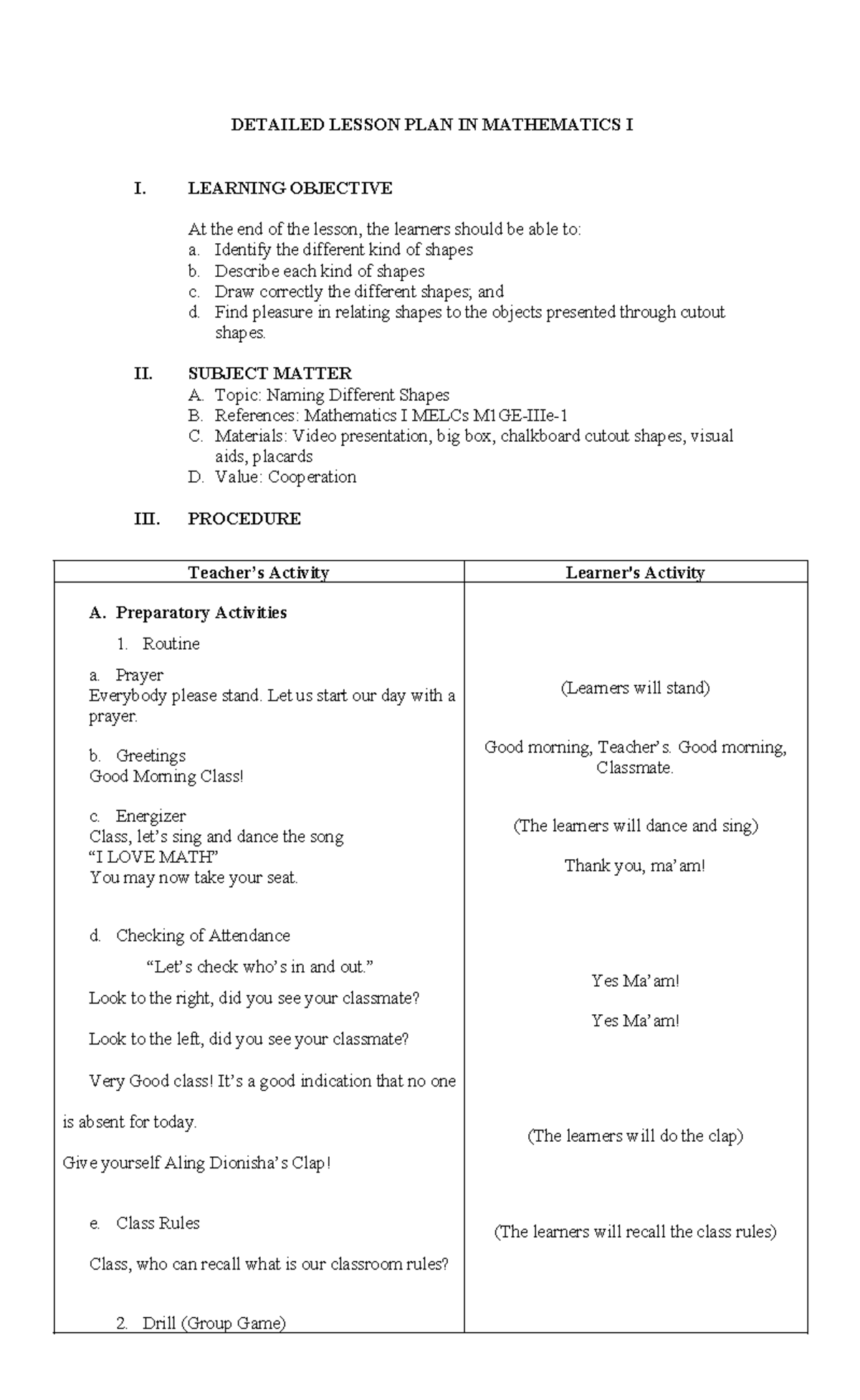 Lesson Plan In Math 1 4th Quarter Shapes - Detailed Lesson Plan In 