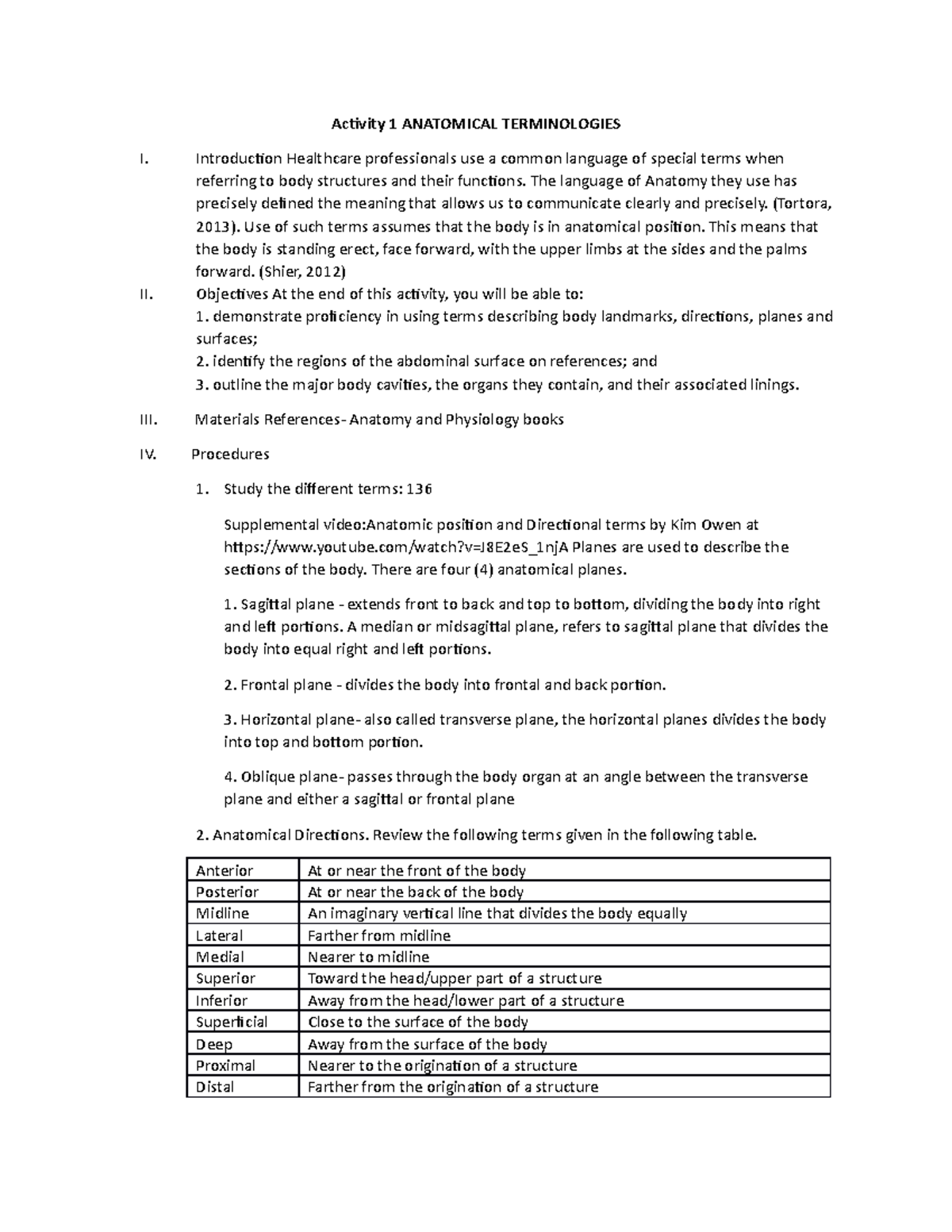 Activity 1 ( Anatomical Terminologies) - Activity 1 ANATOMICAL ...