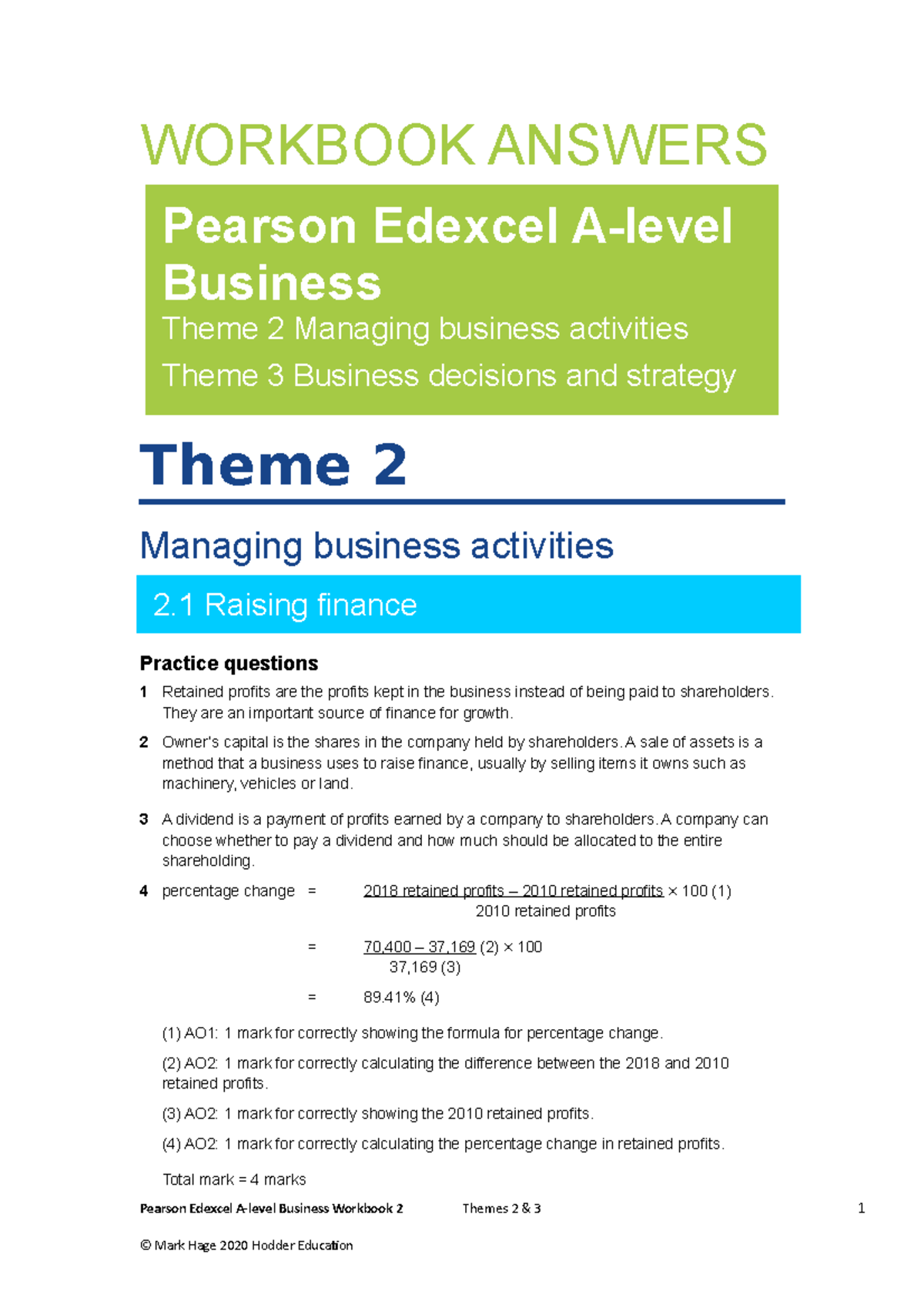 Pearson Edexcel Business Themes 2 and 32020 2 WORKBOOK ANSWERS