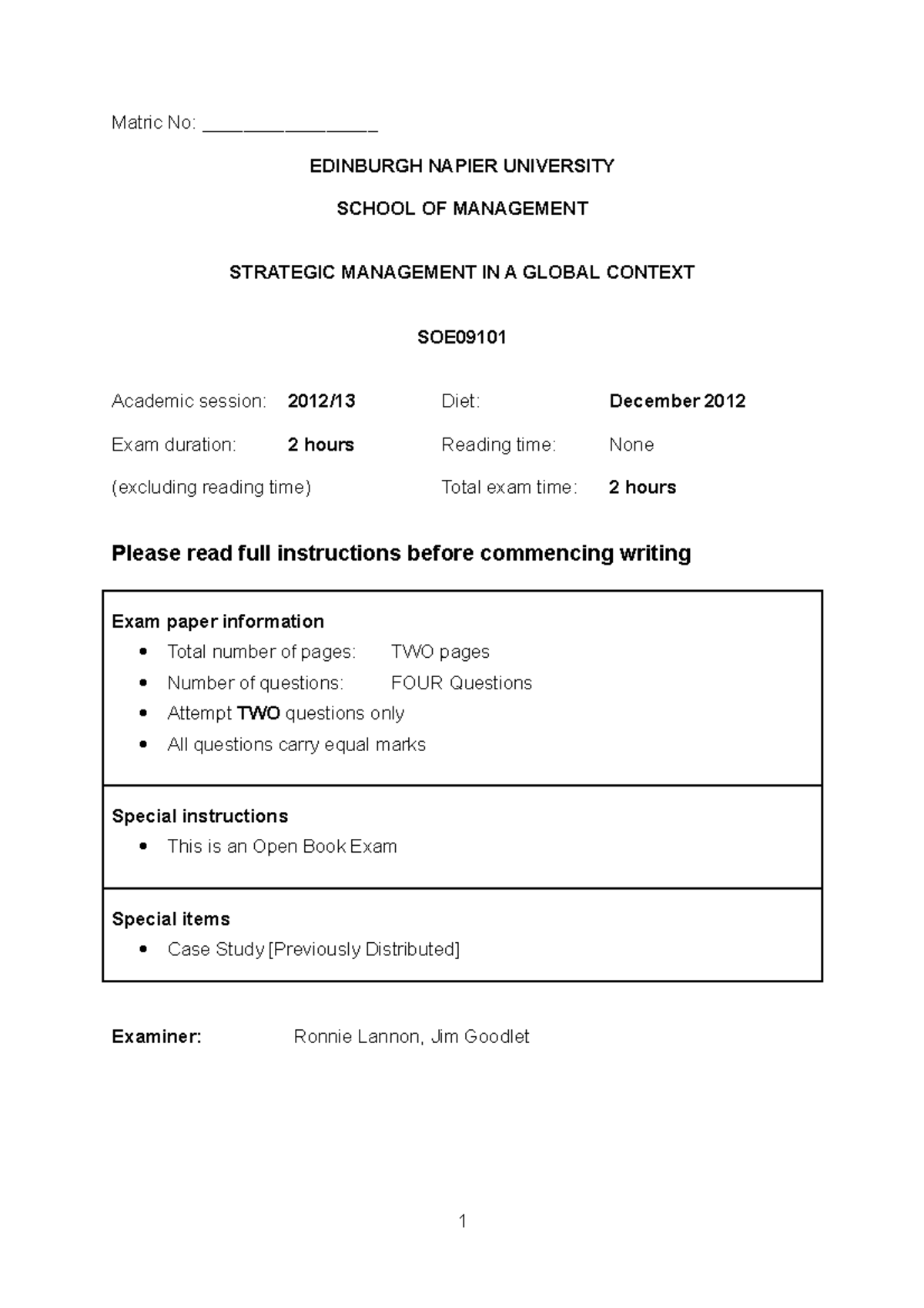 Exam 2012, questions and answers - Matric No ...