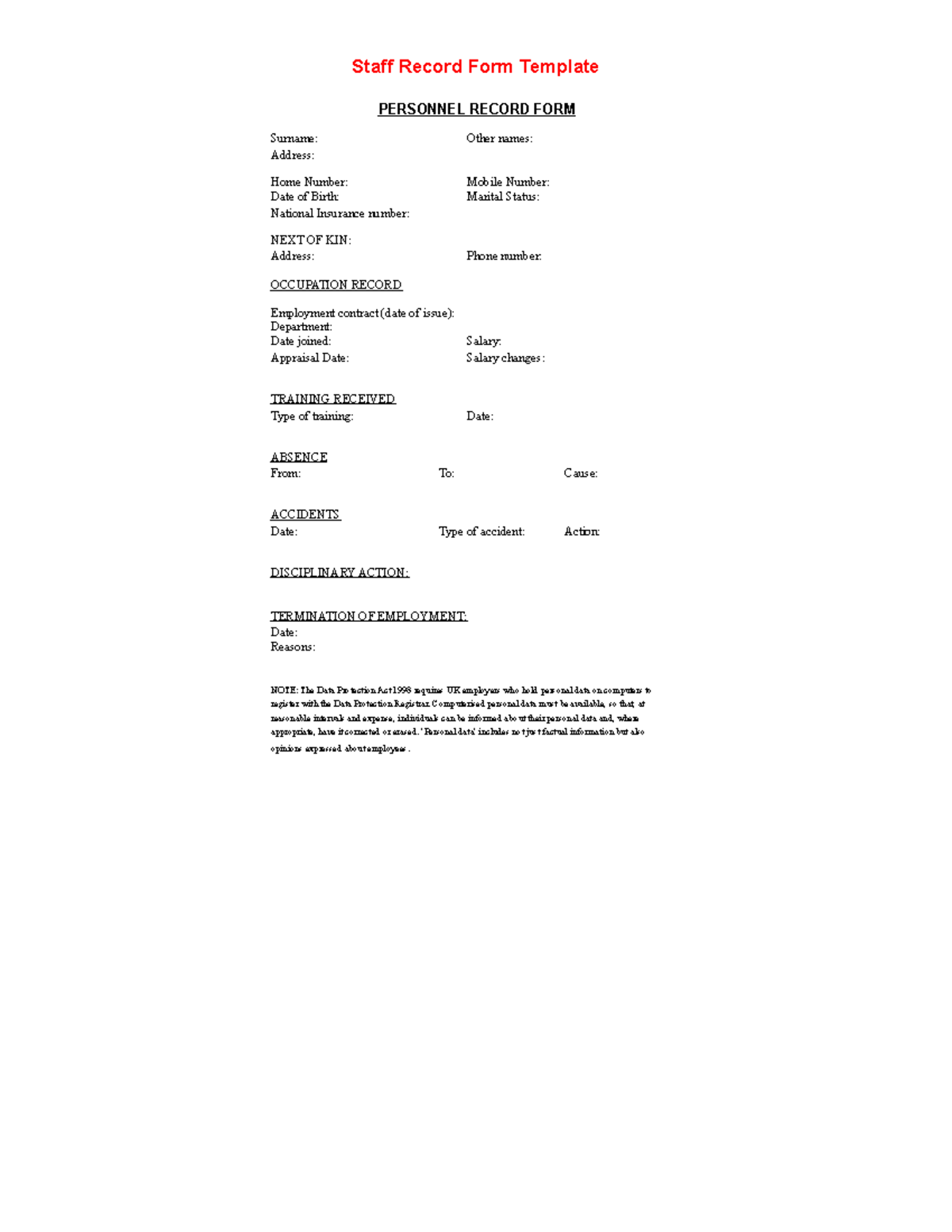 Staff Record Form Template - Staff Record Form Template PERSONNEL ...