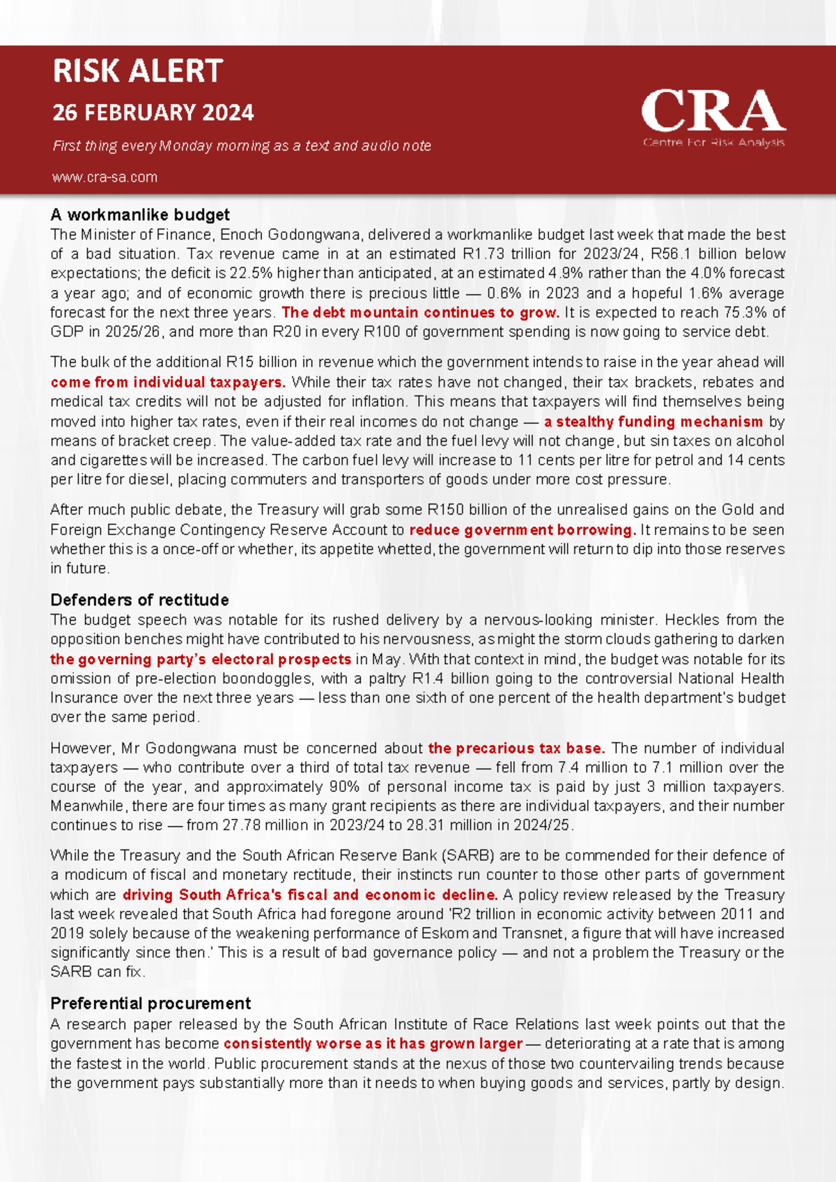 CRA Risk Alert 20240226 - A workmanlike budget The Minister of Finance ...