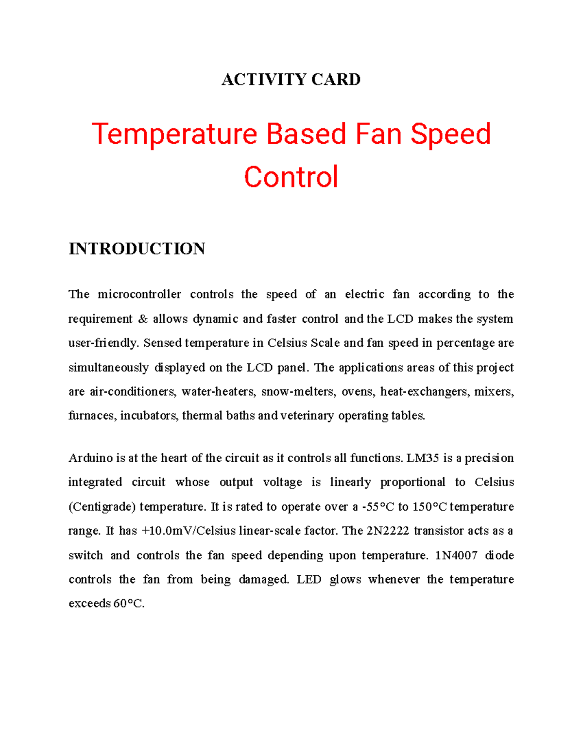 Temperature Based Fan Speed Control ACTIVITY CARD Temperature Based Fan Speed Control