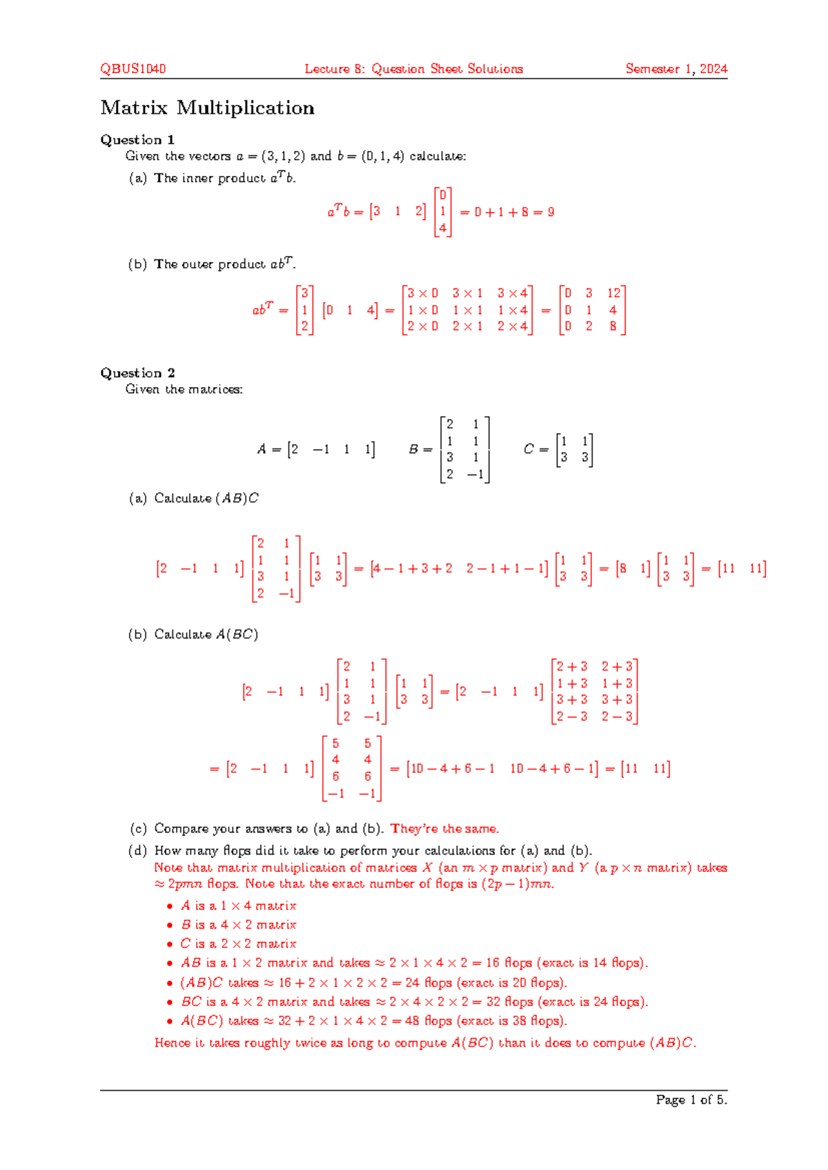 Lecture Q 08 solns - Matrix Multiplication Question 1 Given the vectors ...