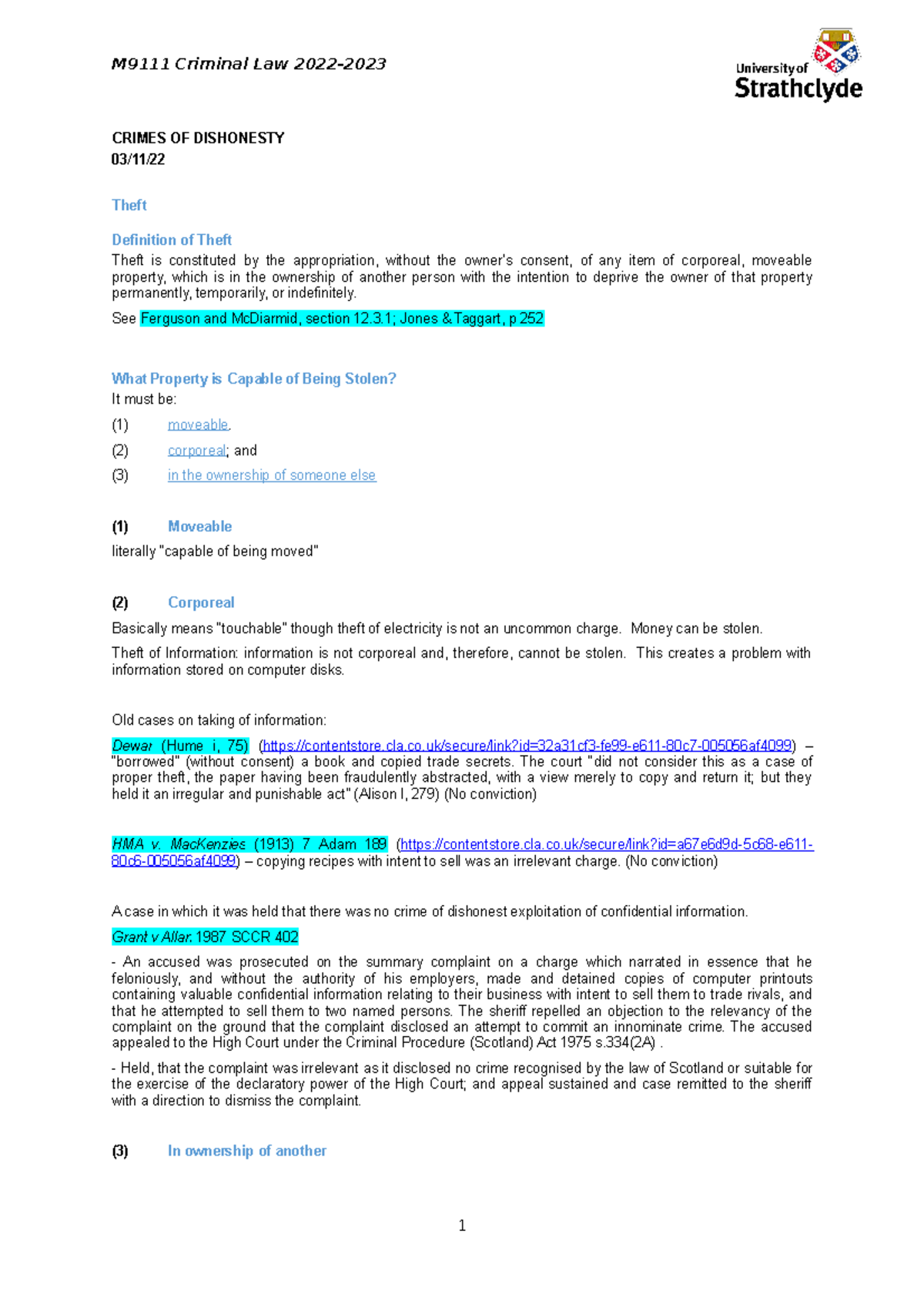 (5) Crimes of Dishonesty CRIMES OF DISHONESTY 03/11/ Theft Definition