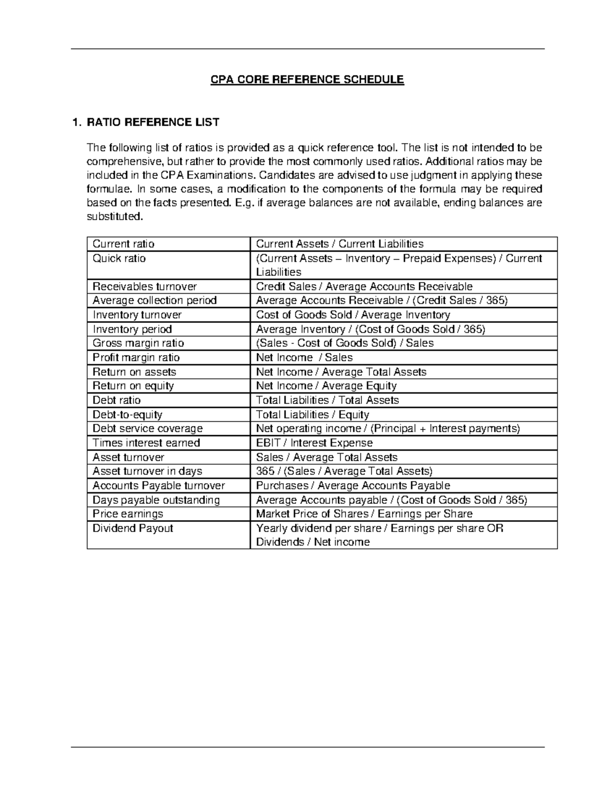 reference schedule CPA CORE REFERENCE SCHEDULE 1. RATIO REFERENCE