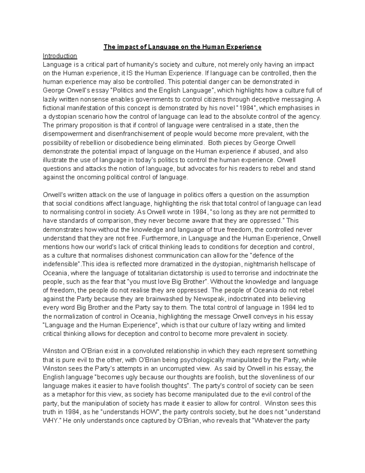 English Essay - The impact of Language on the Human Experience ...