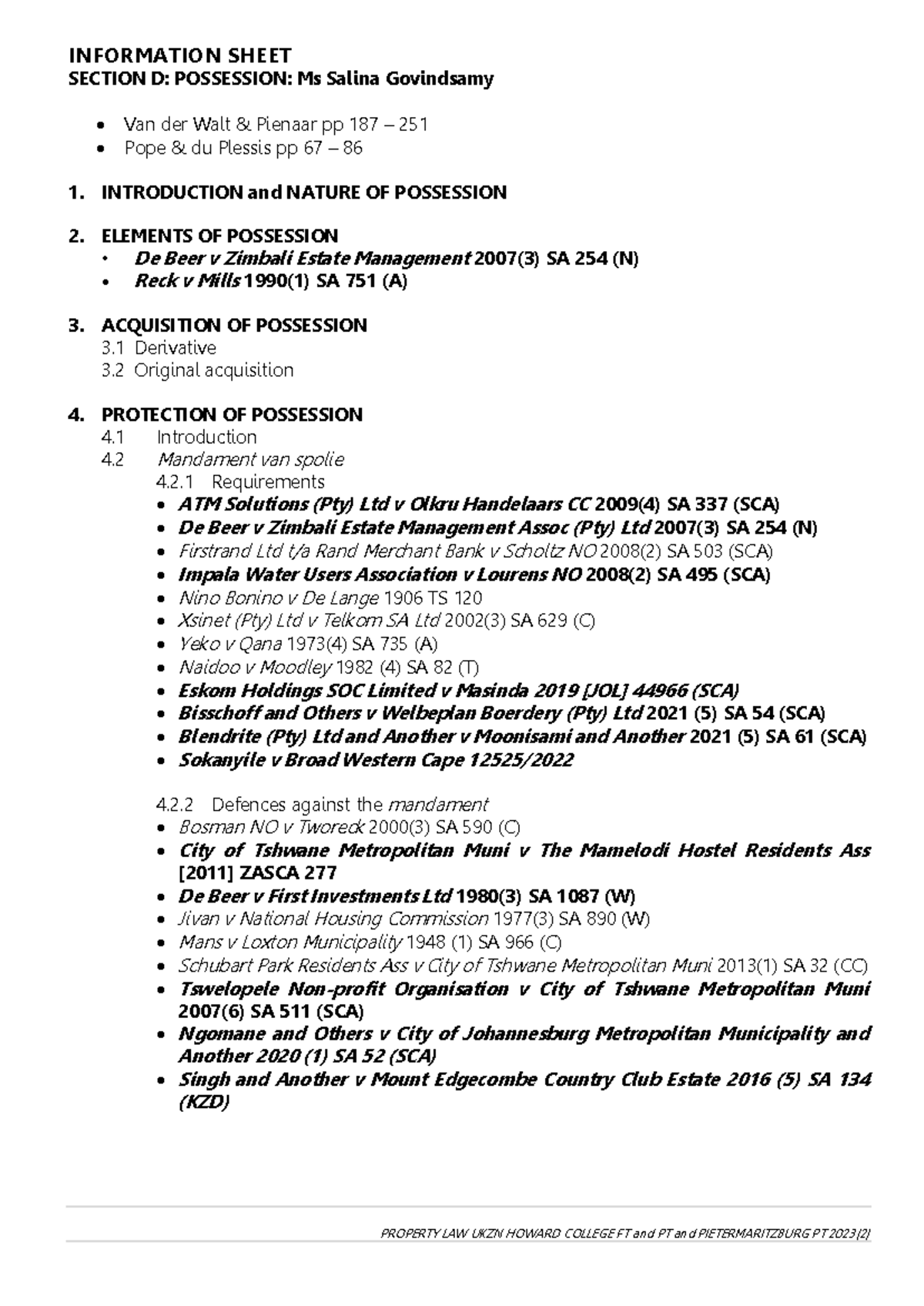 Section D Possession Summary Law of Property PROPERTY LAW UKZN