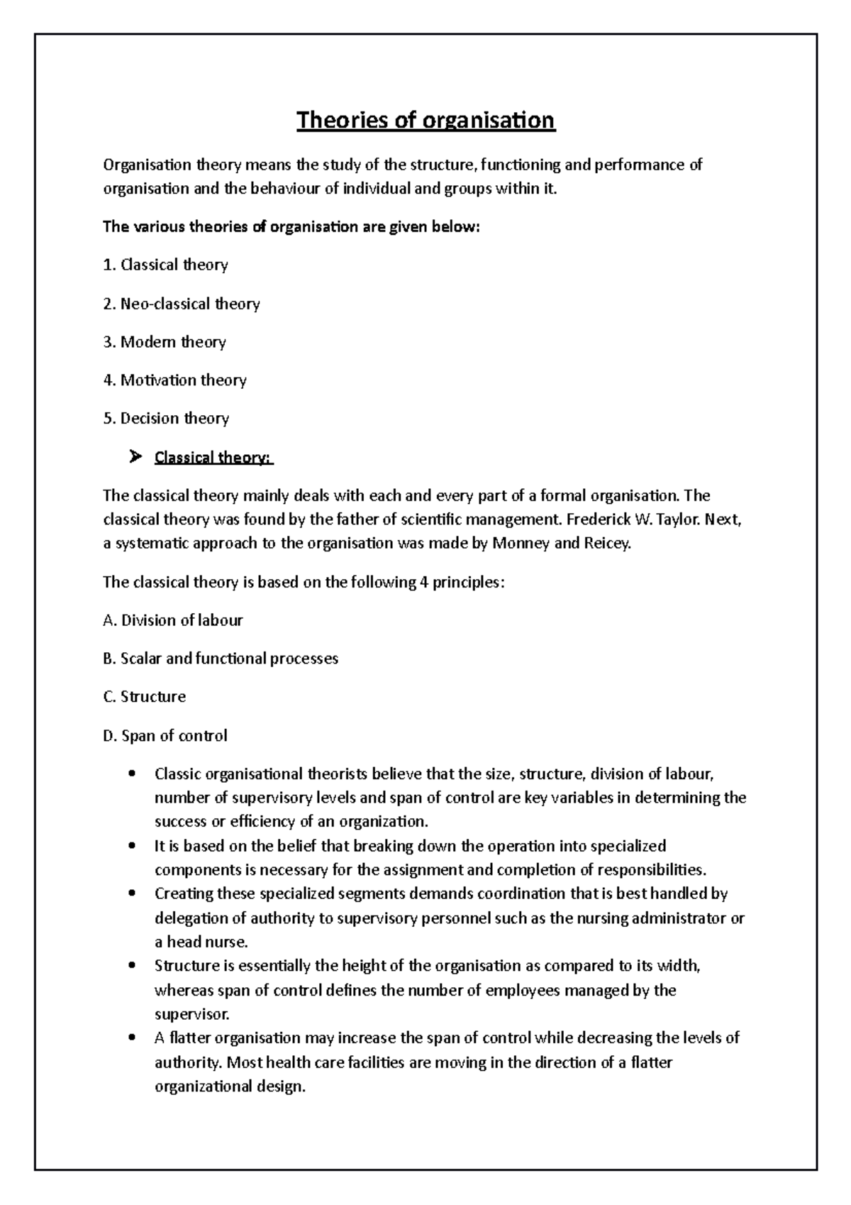 Organisation - Lecture notes 3 - Theories of organisation Organisation ...
