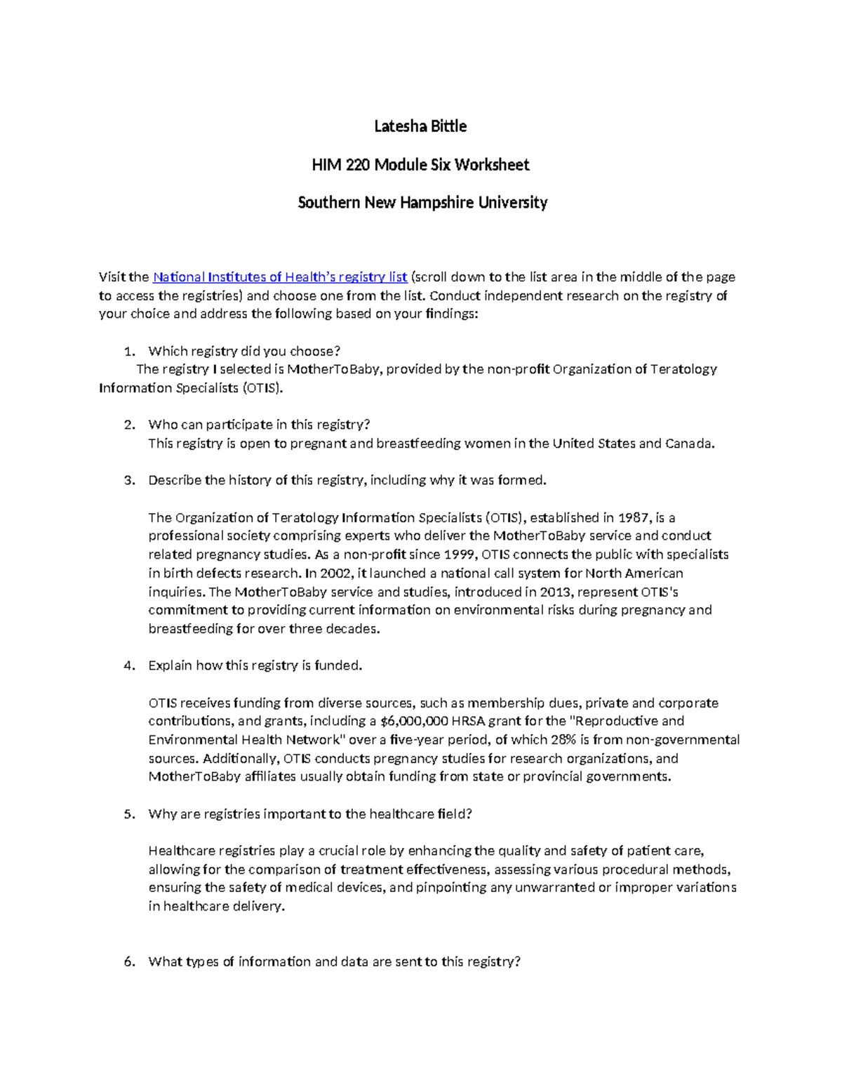 HIM 220 Module Six Worksheet - Latesha Bittle HIM 220 Module Six ...