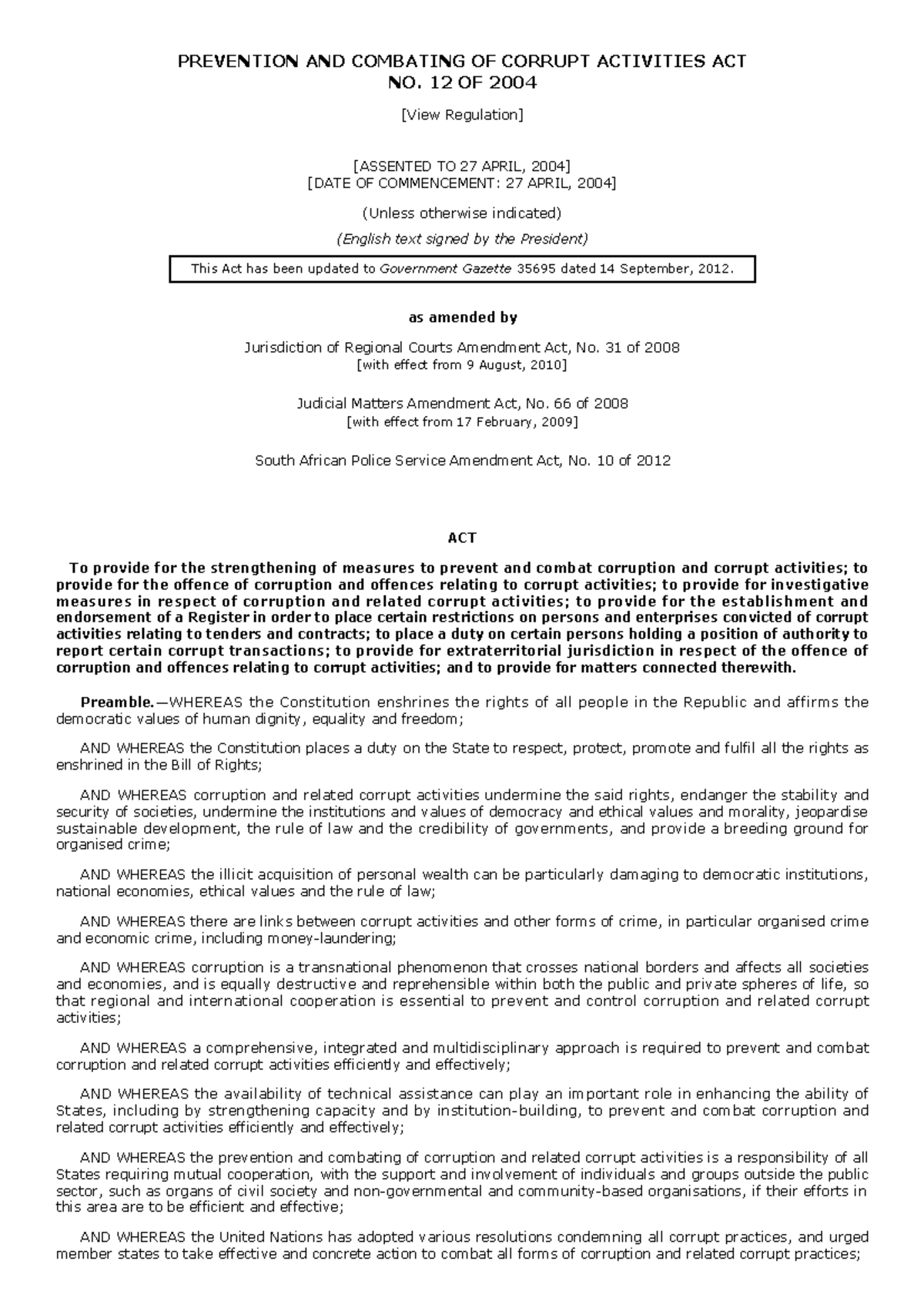 Corruption Prevention and Combatting of Corrupt Activities Act 2004