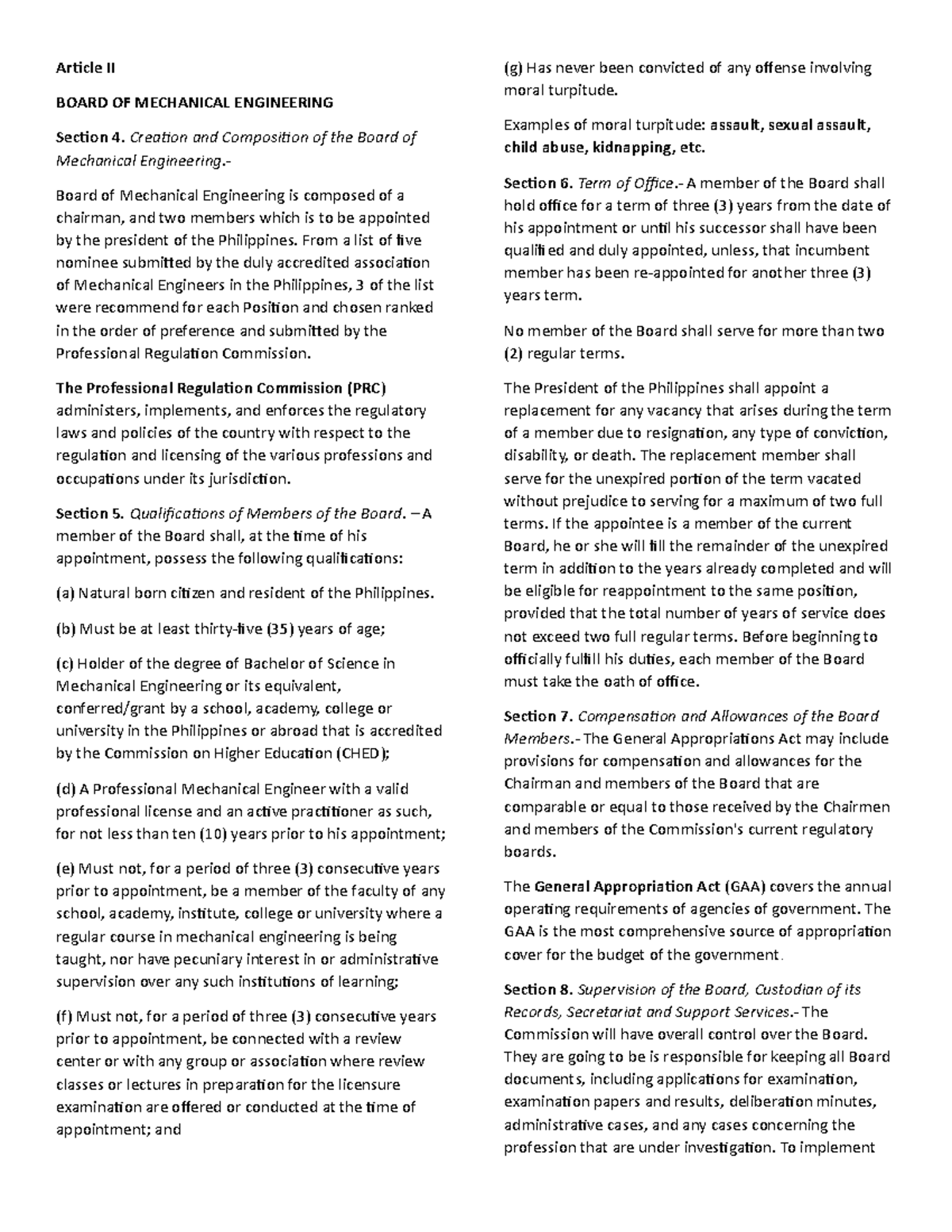 ME law script - ME law - Article II BOARD OF MECHANICAL ENGINEERING ...