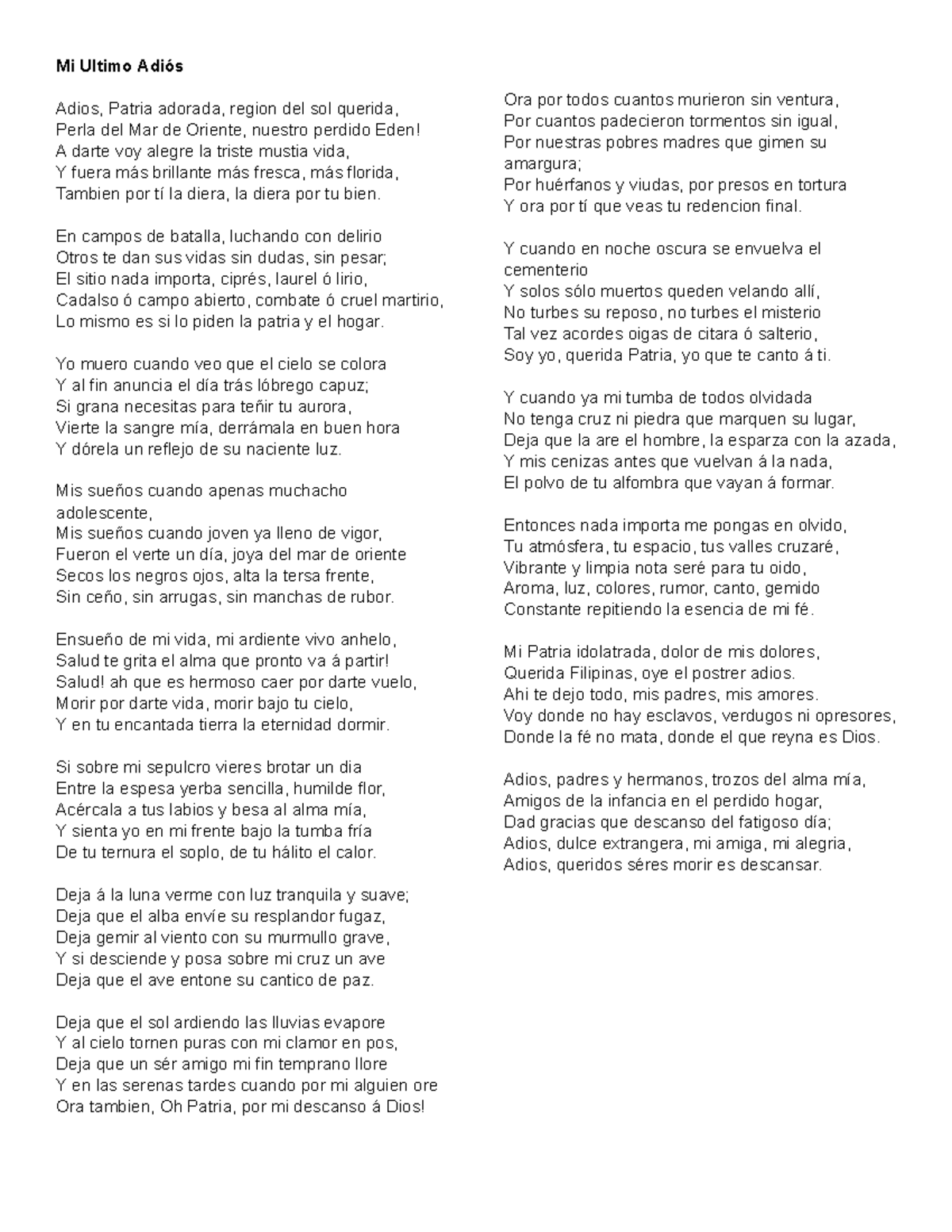 Mi Ultimo Adiós Mi Ultimo Adiós Adios, Patria adorada, region del sol