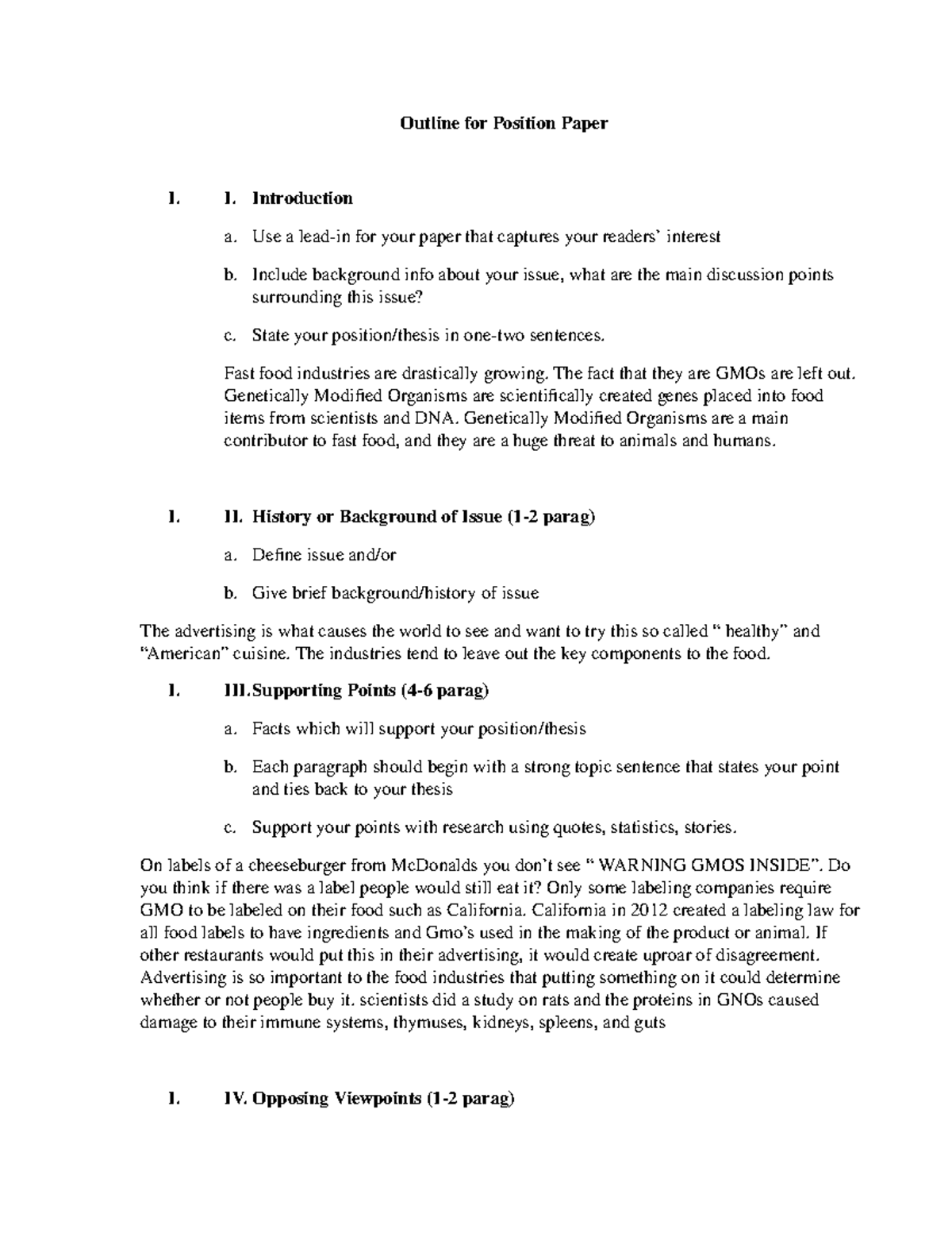 outline for a position paper