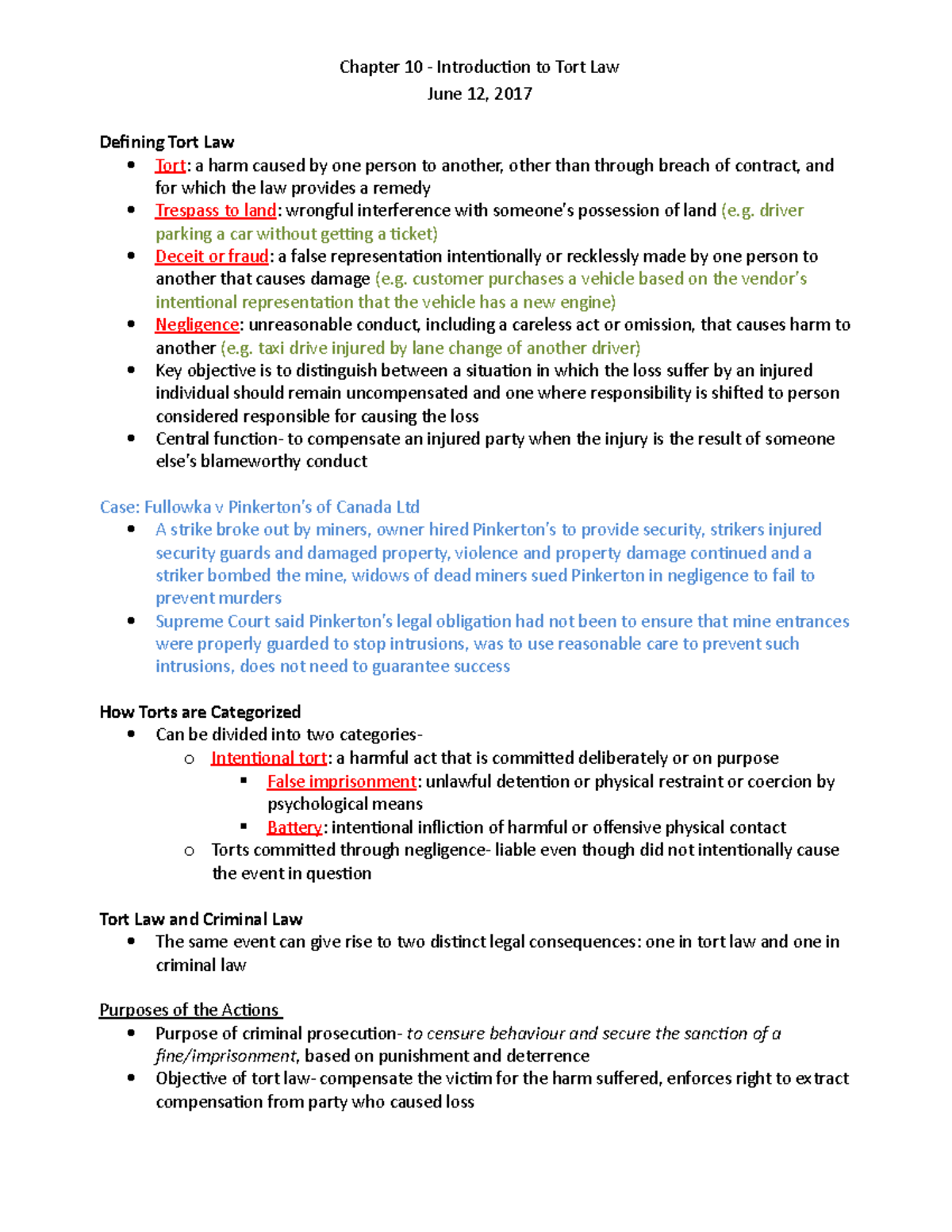 AFM 231 Ch 10 Introduction to Tort Law - Chapter 10 - Introduction to ...