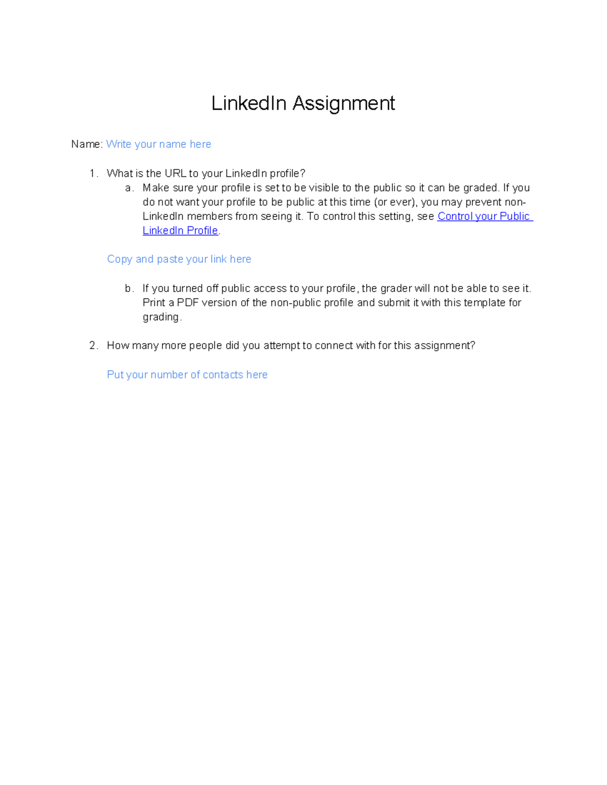 Pc101g document Linked In Template - LinkedIn Assignment Name: Write ...