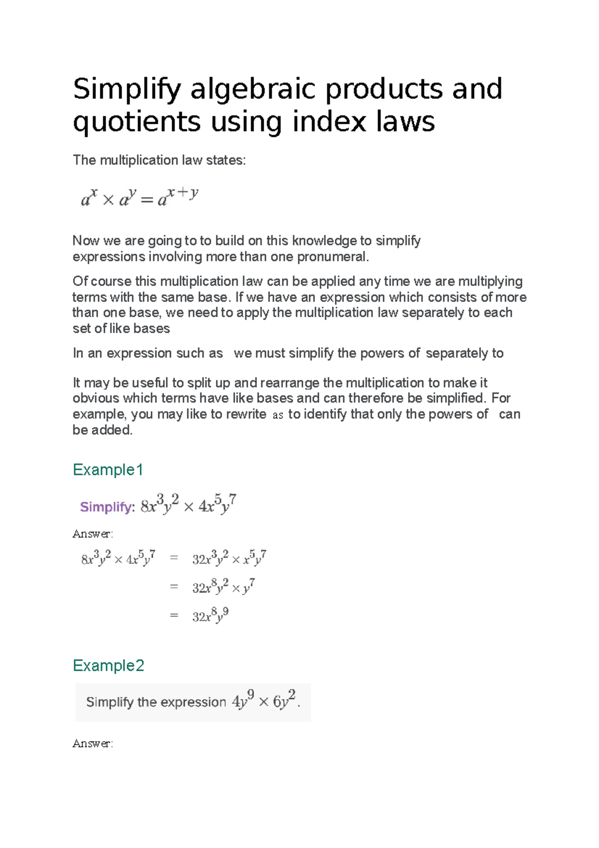 02 - Simplify Algebraic Products And Quotients Using Index Laws ...