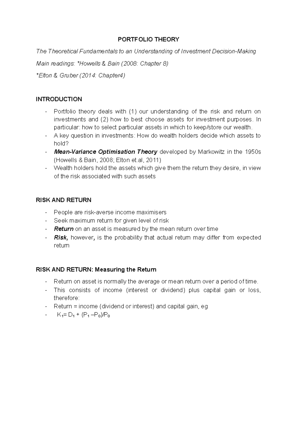 Portfolio Theory Notes - PORTFOLIO THEORY The Theoretical Fundamentals ...