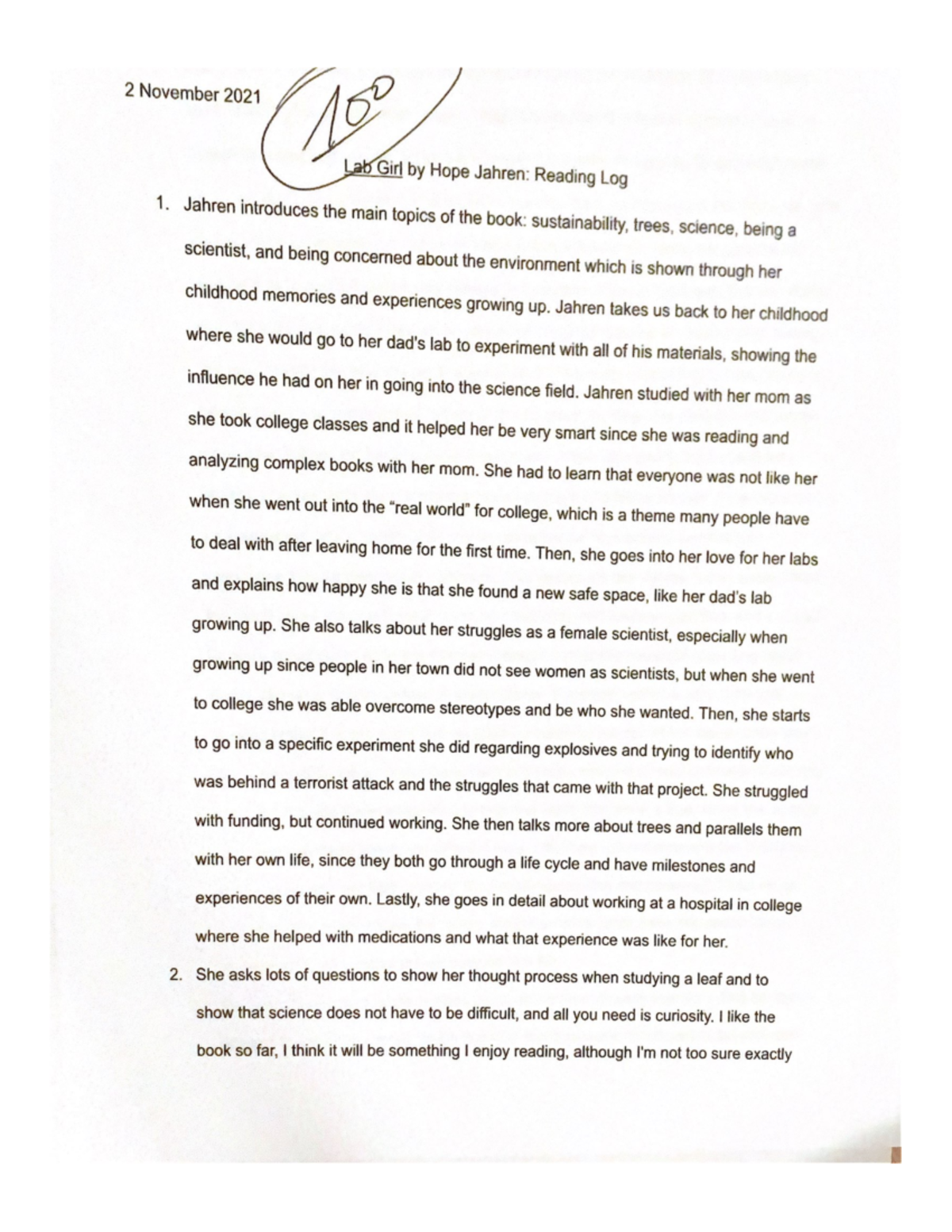 2 November 2021 Lab Girl by Hope Jahren Reading Log Jahren