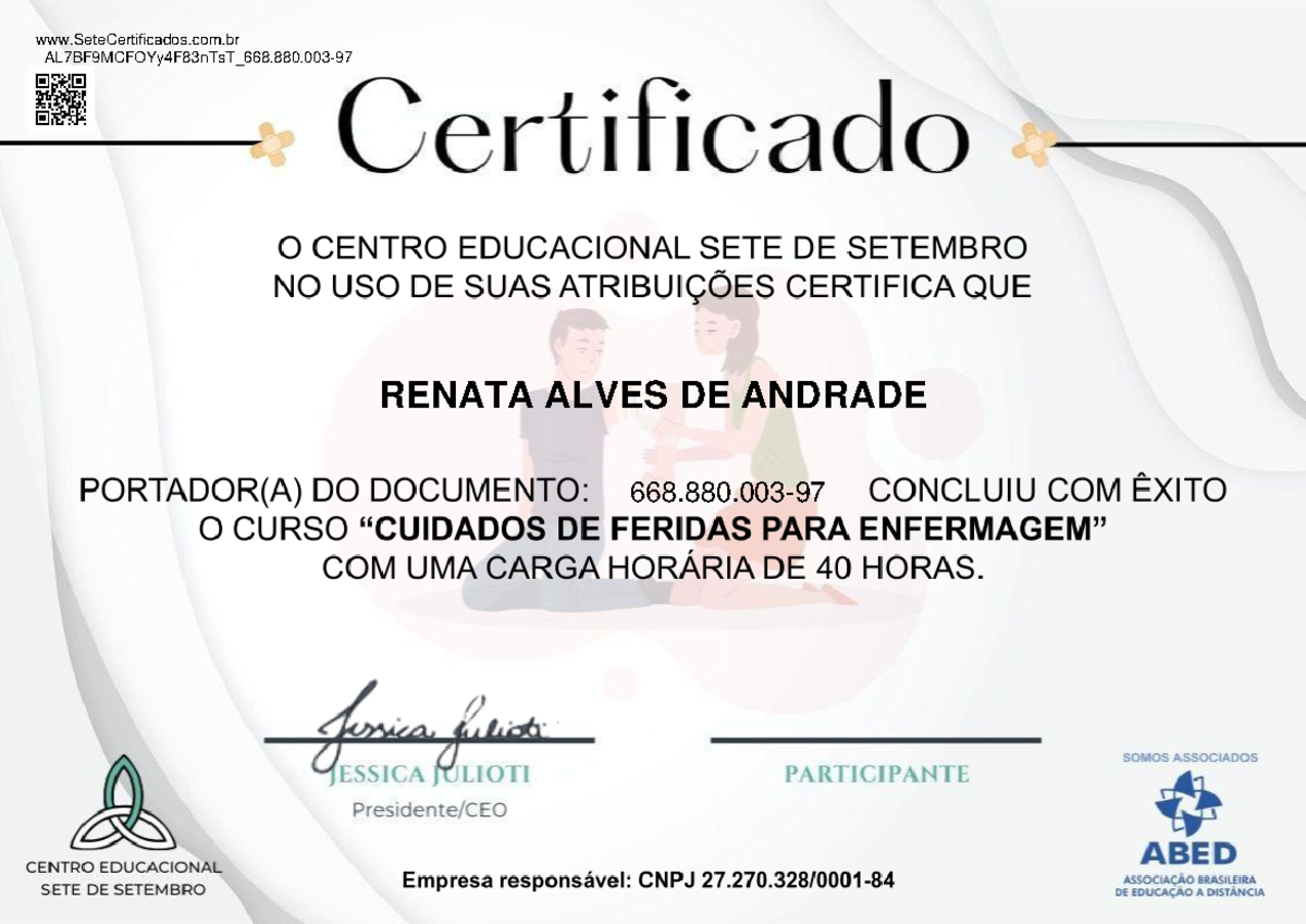 CERTIFICADO] - Cuidados de feridas para enfermagem - Centro Educacional  Sete de Setembro