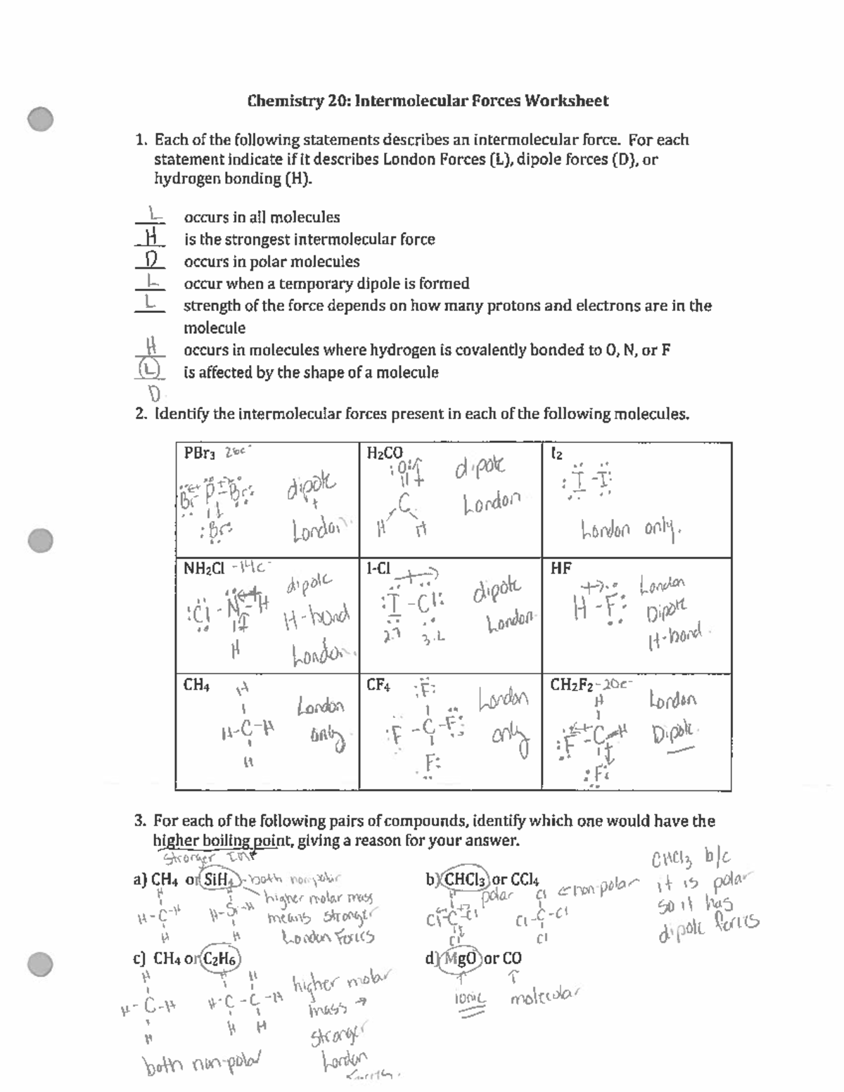 IMF Worksheet Key - Intermolecular Forces - Studocu