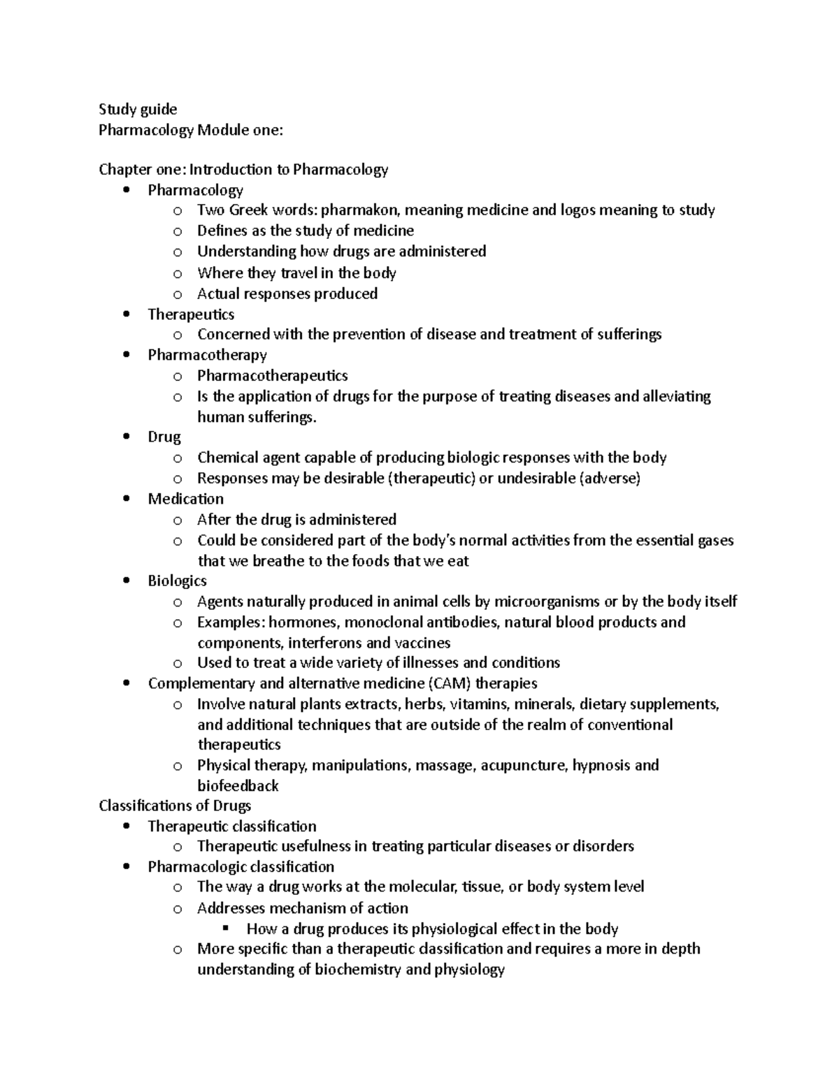 Study Guide Mod 1 - Study Guide Pharmacology Module One: Chapter One ...