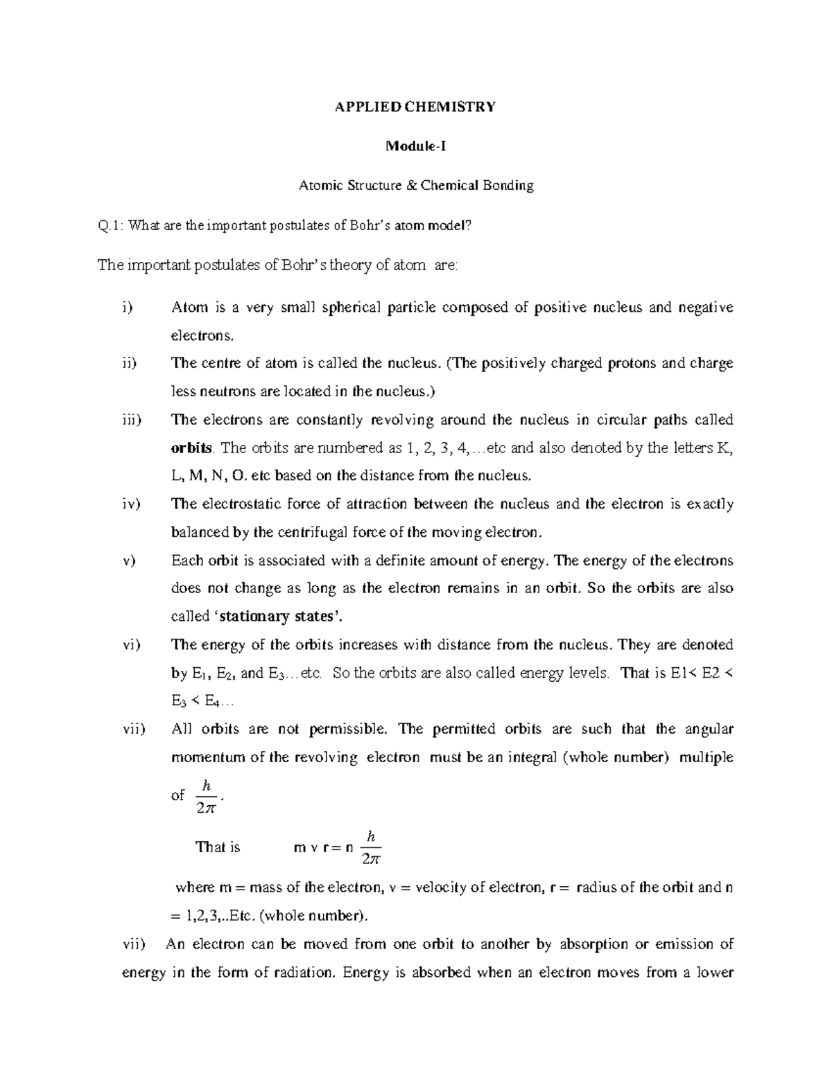 Applied Chemistry-Module-I-Q&Ans - APPLIED CHEMISTRY Module-I Atomic ...