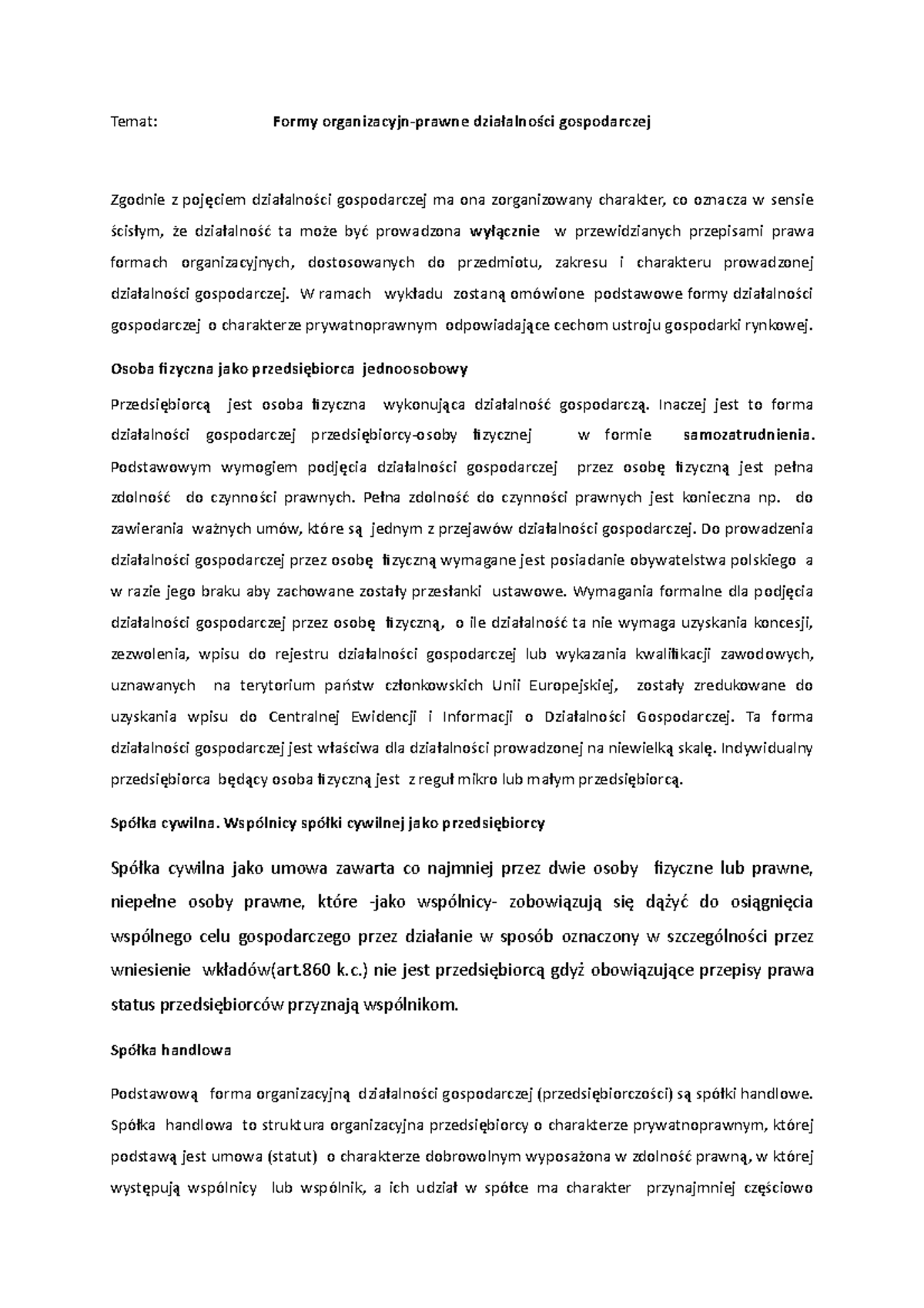 Formy organizacyjne działalności gospodarczej - Temat: Formy