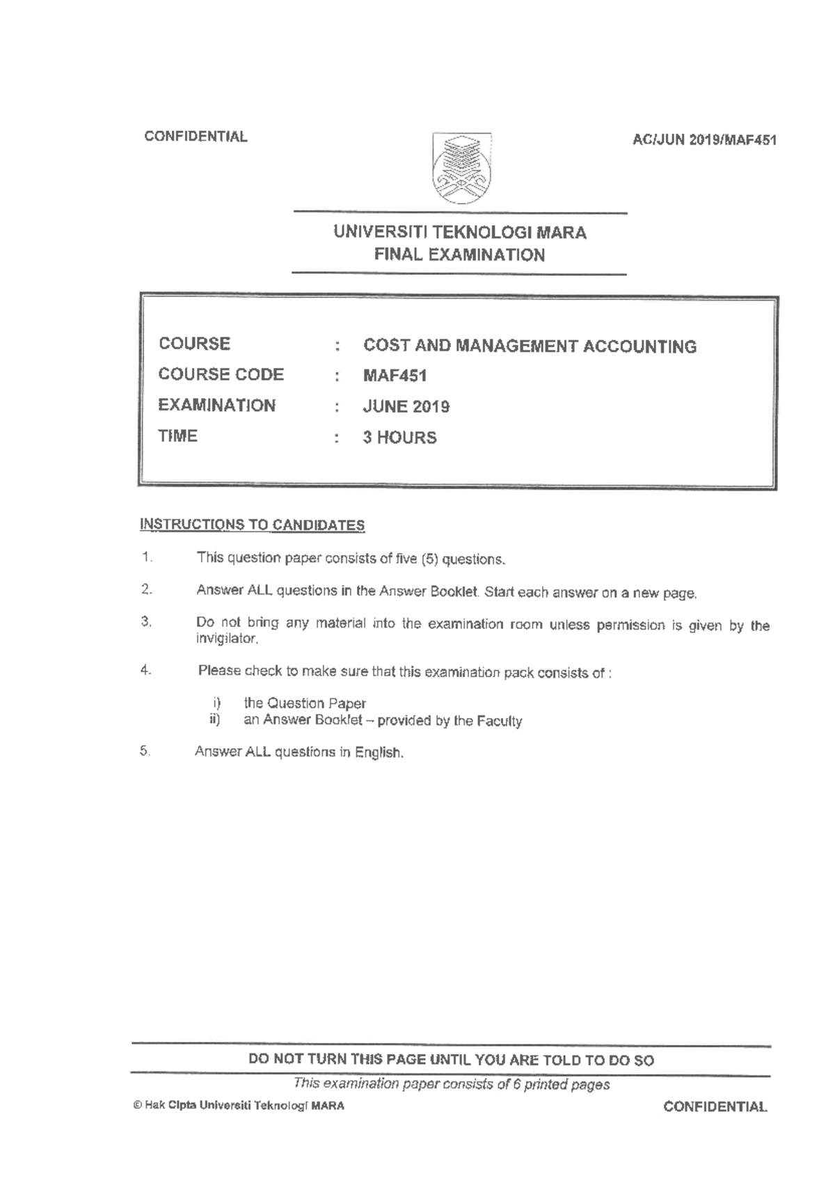 2 MAF451 [JUNE 19] - final question - Cost and management accounting ...