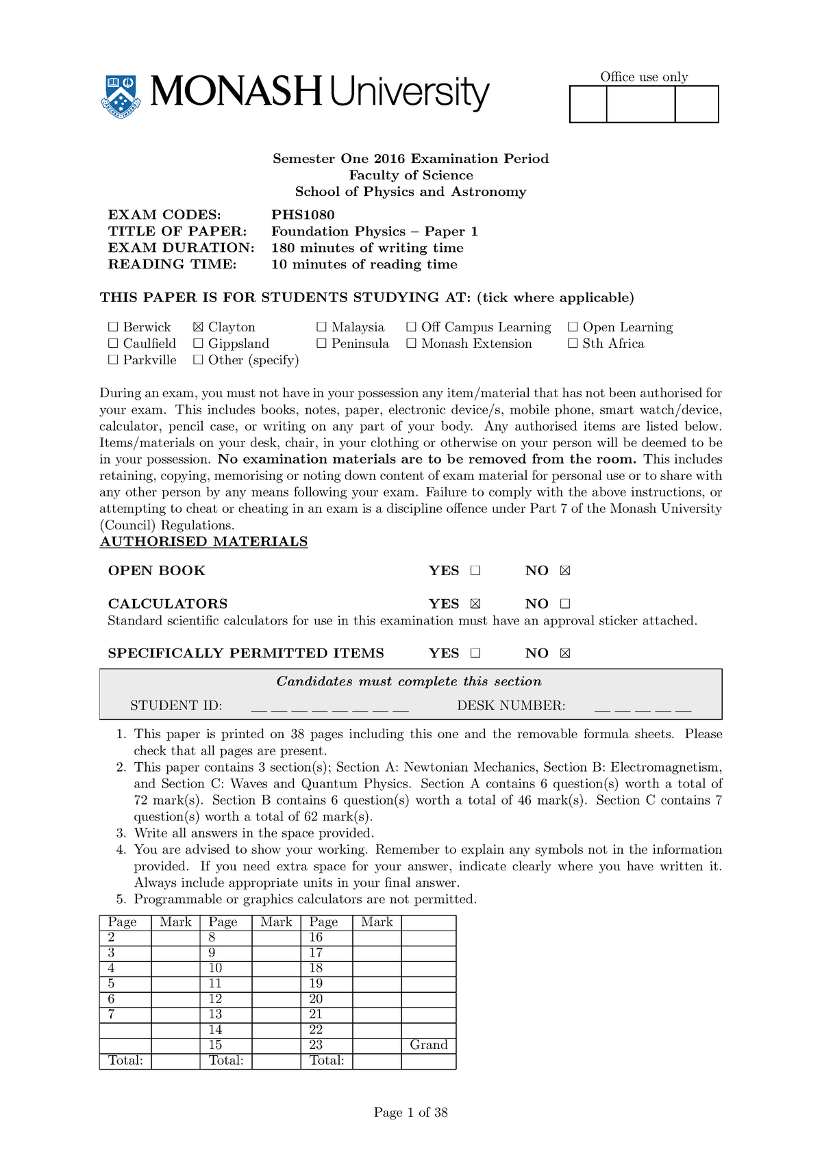 Exam2016 - solutions - Lecture notes 4 Office use only Semester One 