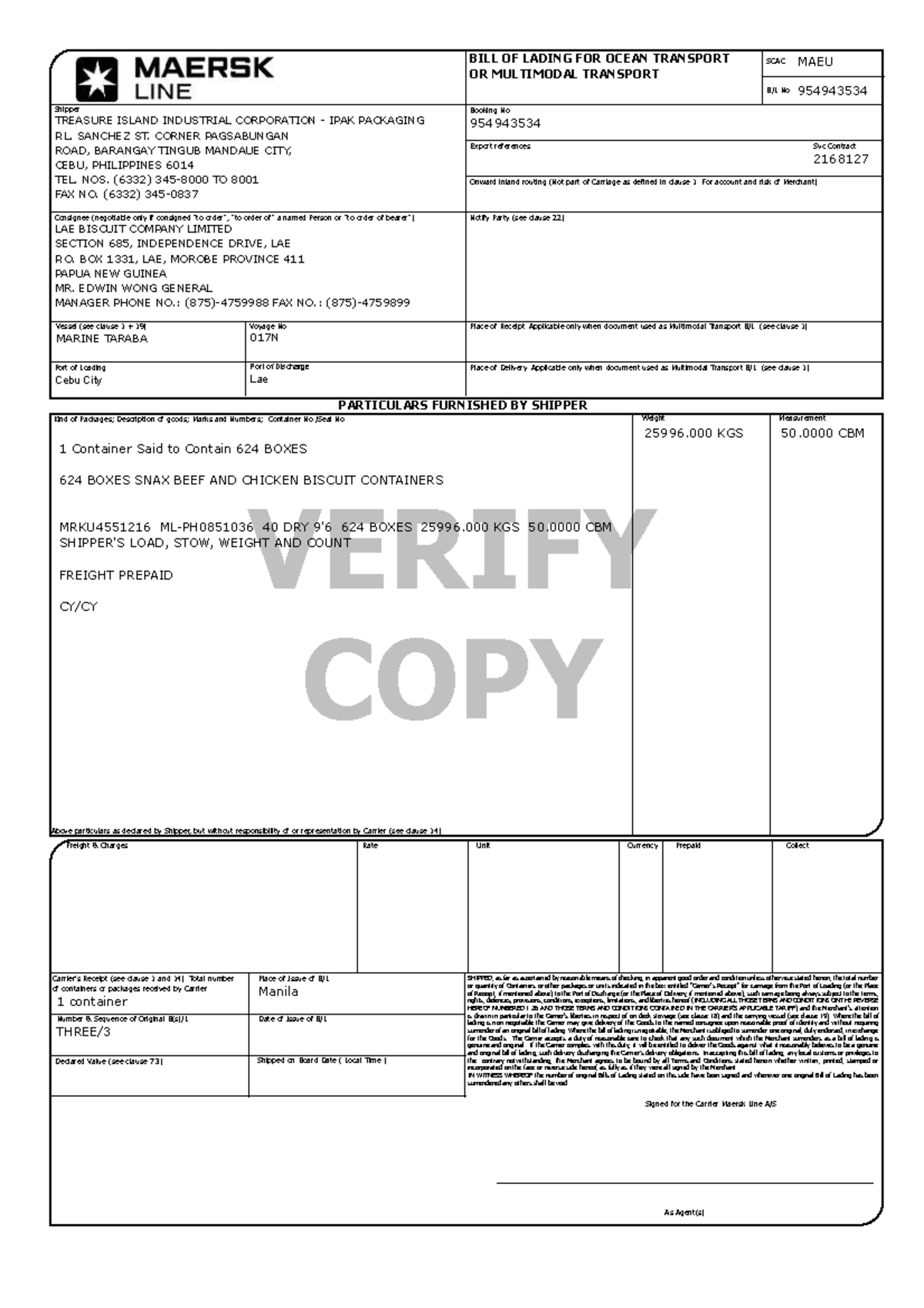 171008664 - module - SCAC MAEU B/L No. VERIFY COPY THREE/ Shipped on ...