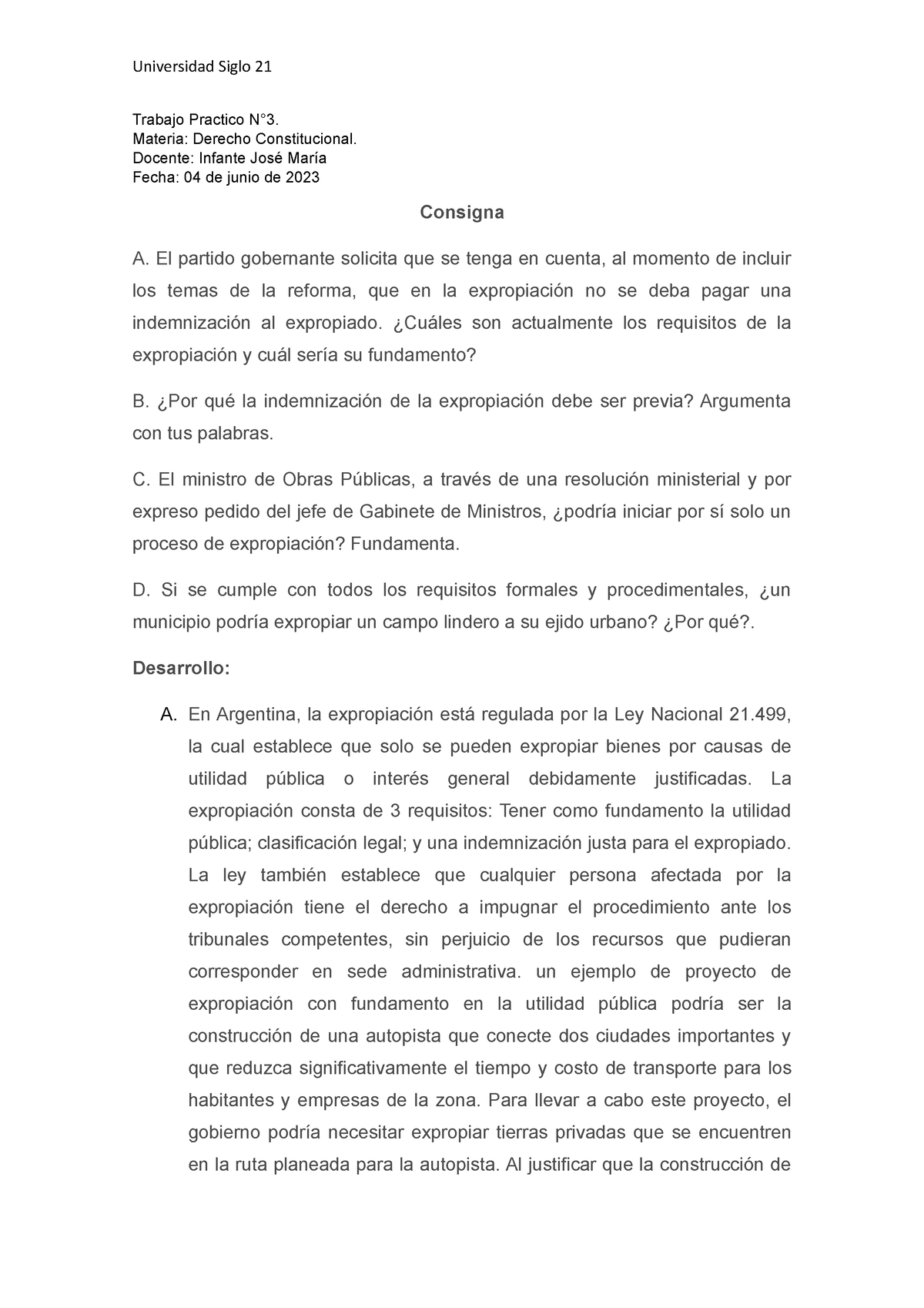 Trabajo Practico N°3. Constitucional - Universidad Siglo 21 Trabajo ...