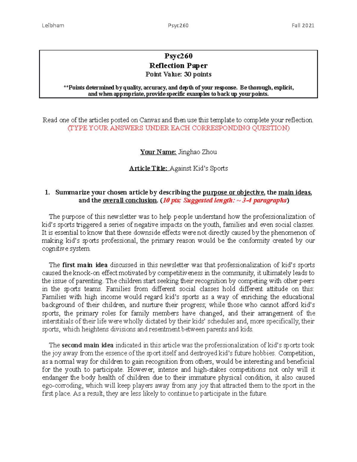 PSYC 260 w3 reflection paper - Leibham Psyc260 Fall 2021 Psyc ...