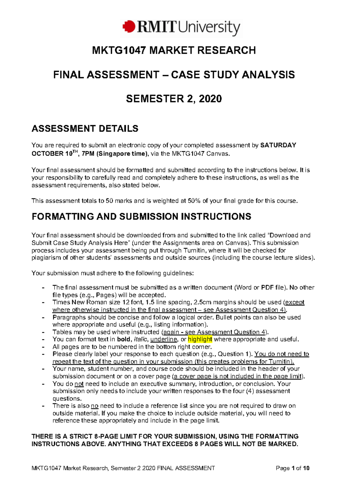 MKTG1047 Final Assessment S2 2020 - MKTG1047 MARKET RESEARCH FINAL ...