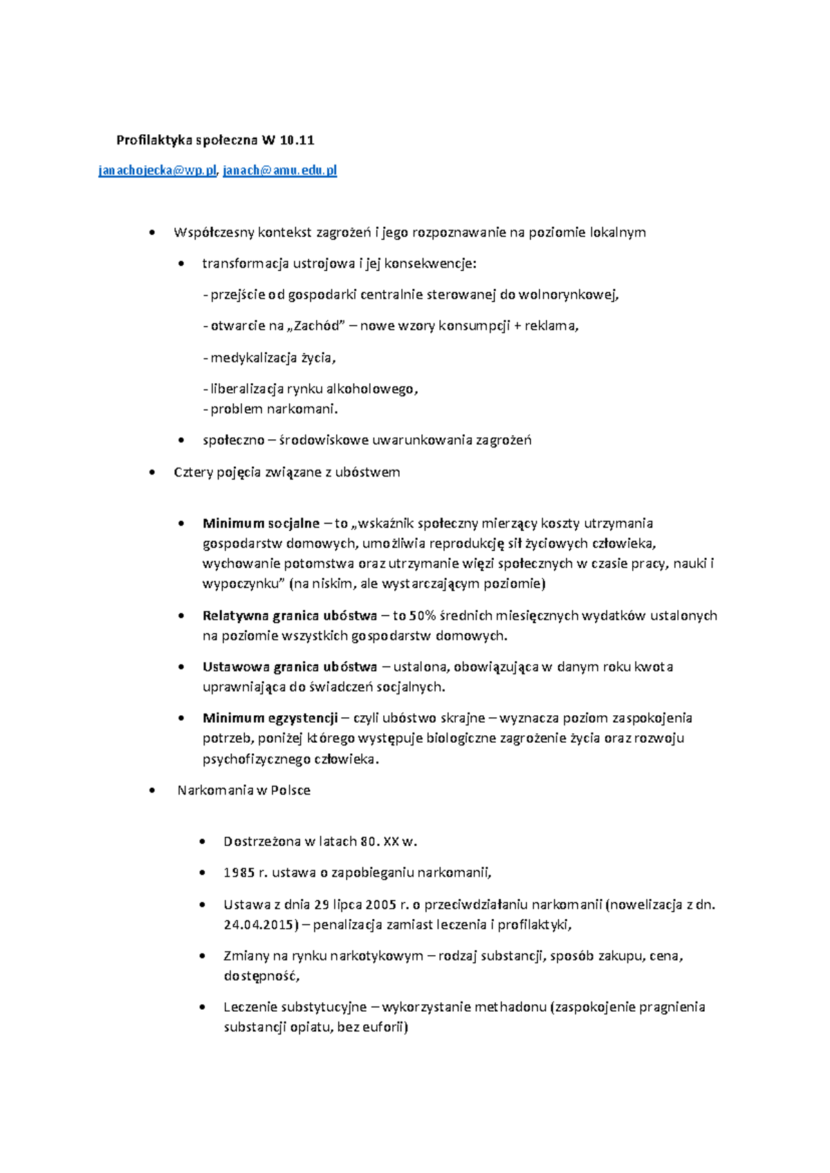 Profilaktyka społeczna, notatki z zajęć - Profilaktyka społeczna W 10