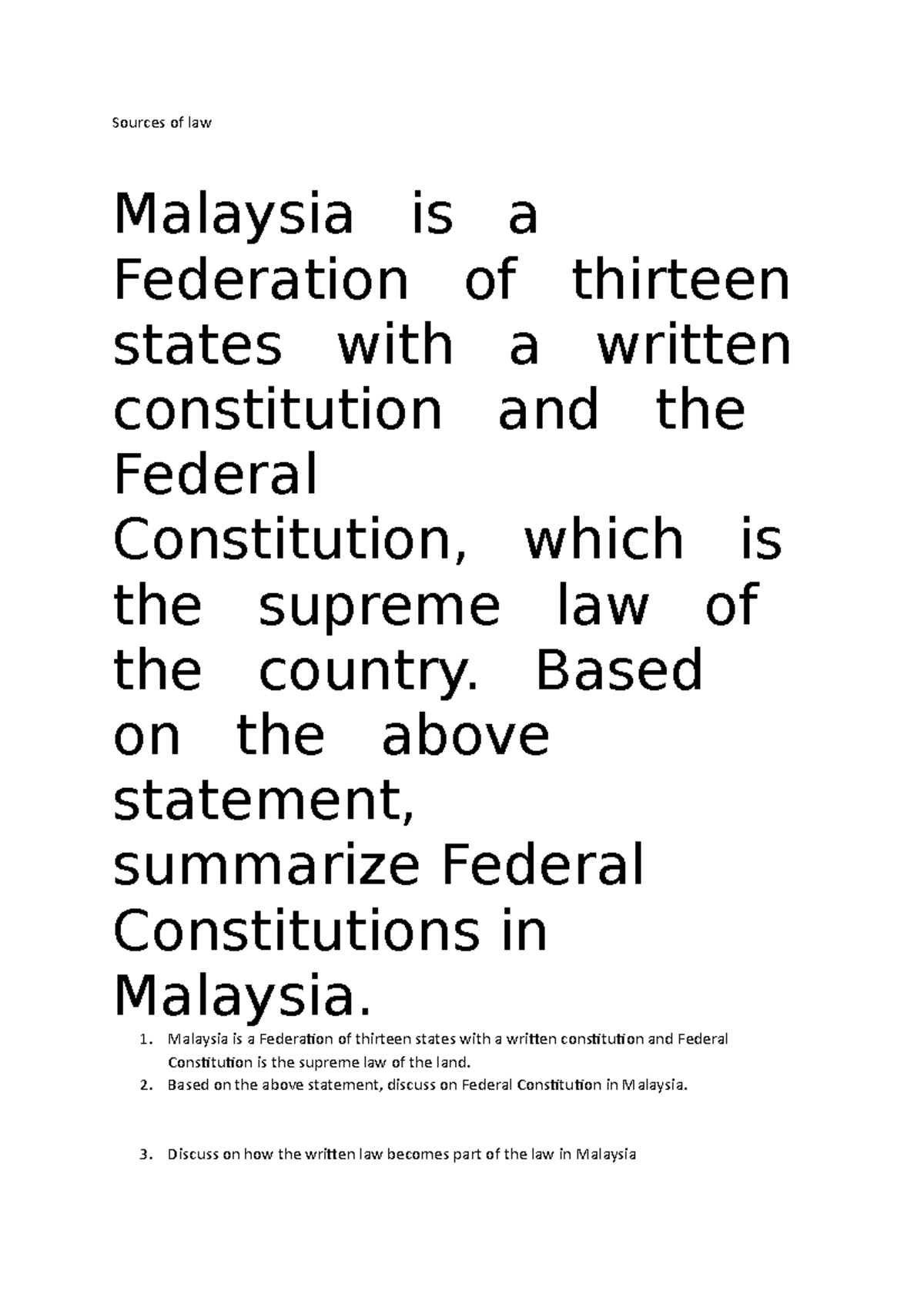 Sources Of Law Tutorial Question Sources Of Law Malaysia Is A