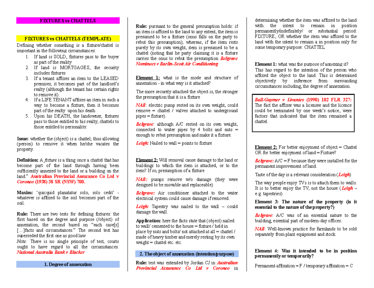 Property Exam Lecture Notes FIXTURES vs CHATTELS FIXTURES vs CHATTELS