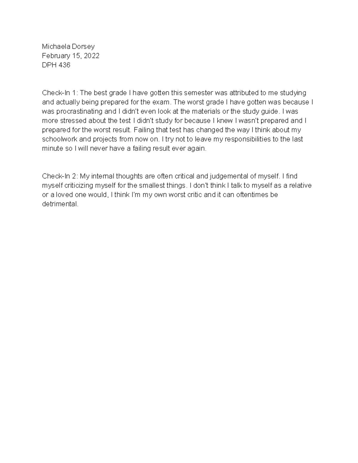 Chapter 3 Check In - Michaela Dorsey February 15, 2022 DPH 436 Check-In ...