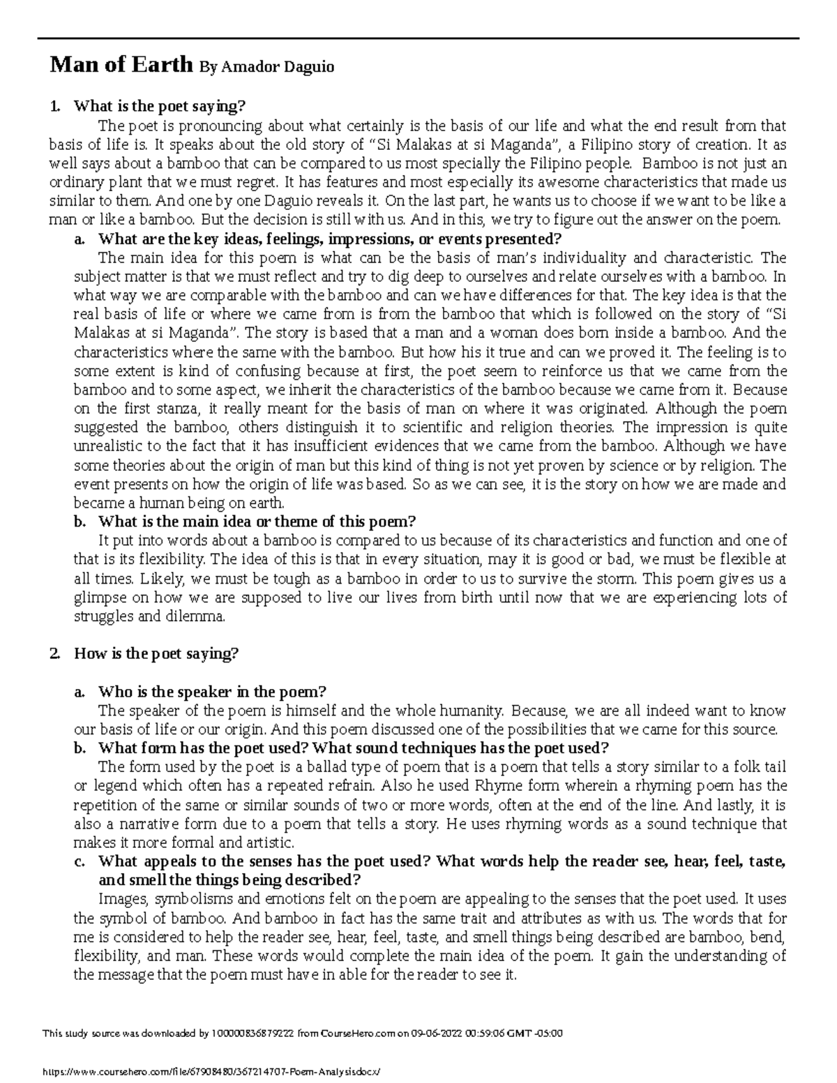 367214707 Poem Analysis Man of Earth By Amador Daguio What is the