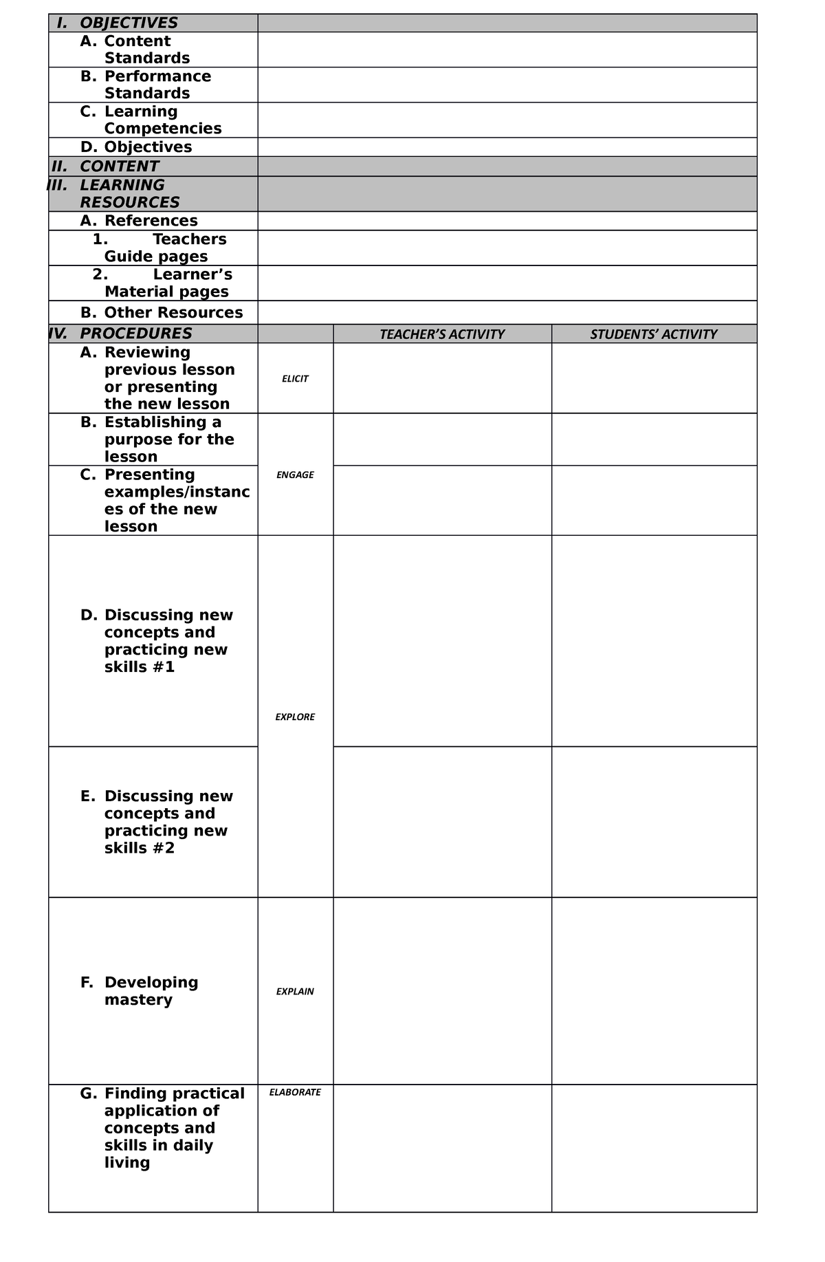 DLP-7Es- Format - I. OBJECTIVES A. Content Standards B. Performance ...