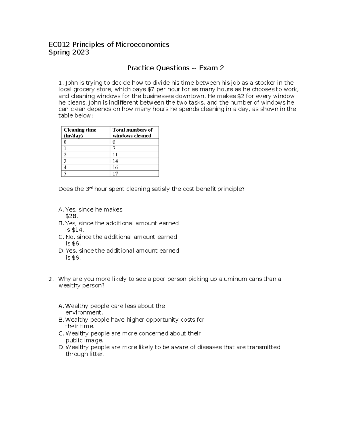 Sample Exam 2 Spring 2023 - EC012 Principles of Microeconomics Spring ...